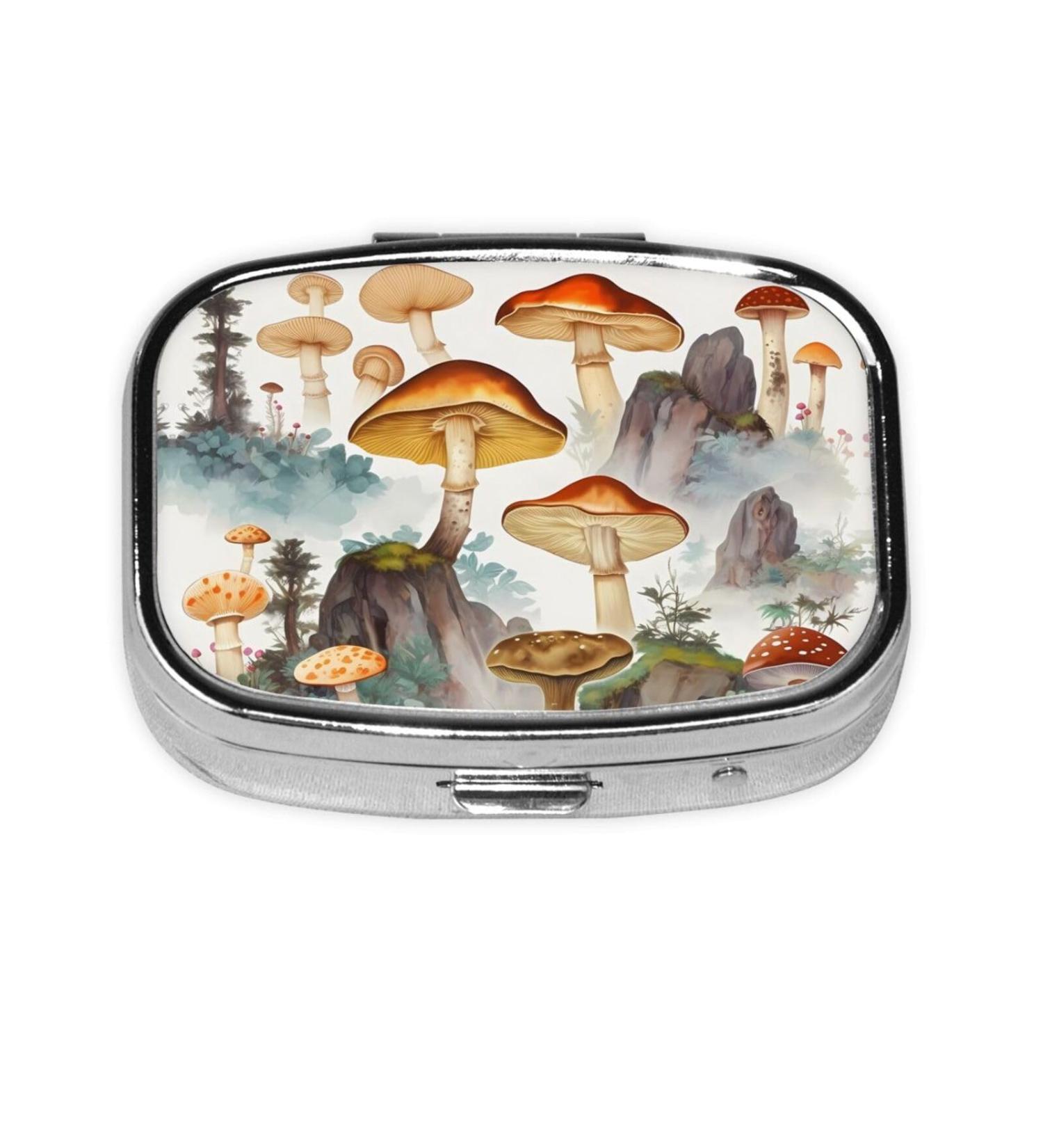Japanese Mushroom Painting Pill Case | Cute 2 Compartment Travel Organizer | Small Pill Box for Purse & Gifts - Buy Online on GoSupps.com