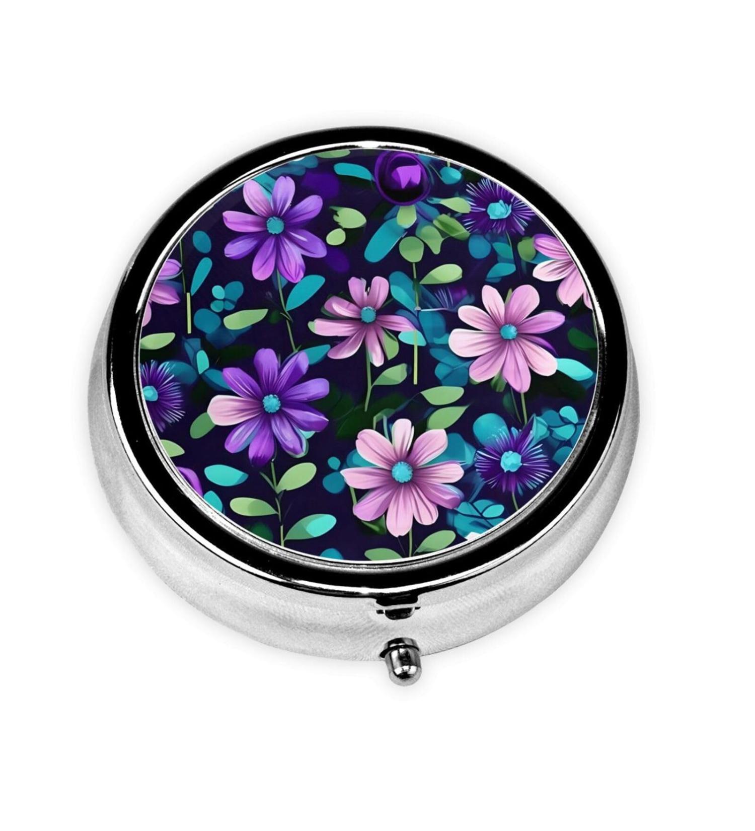 Purple Camellia Round Pill Box | 3-Compartment Organizer for Travel & Purse | Portable Pill Storage Solution - Buy Online on GoSupps.com
