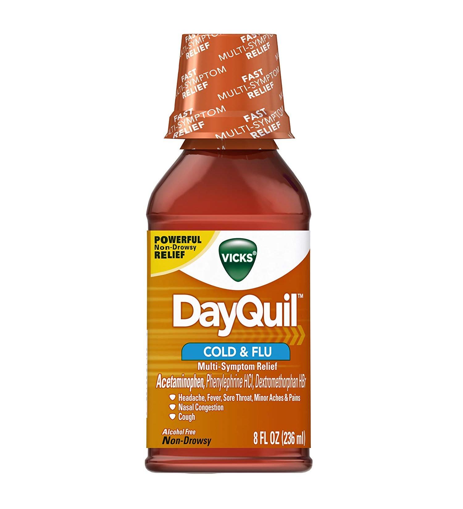 Vicks DayQuil Cough Cold & Flu Multi-Symptom Relief 8 Fl Oz (Non-Drowsy) - Sore Throat Fever and Congestion Relief
