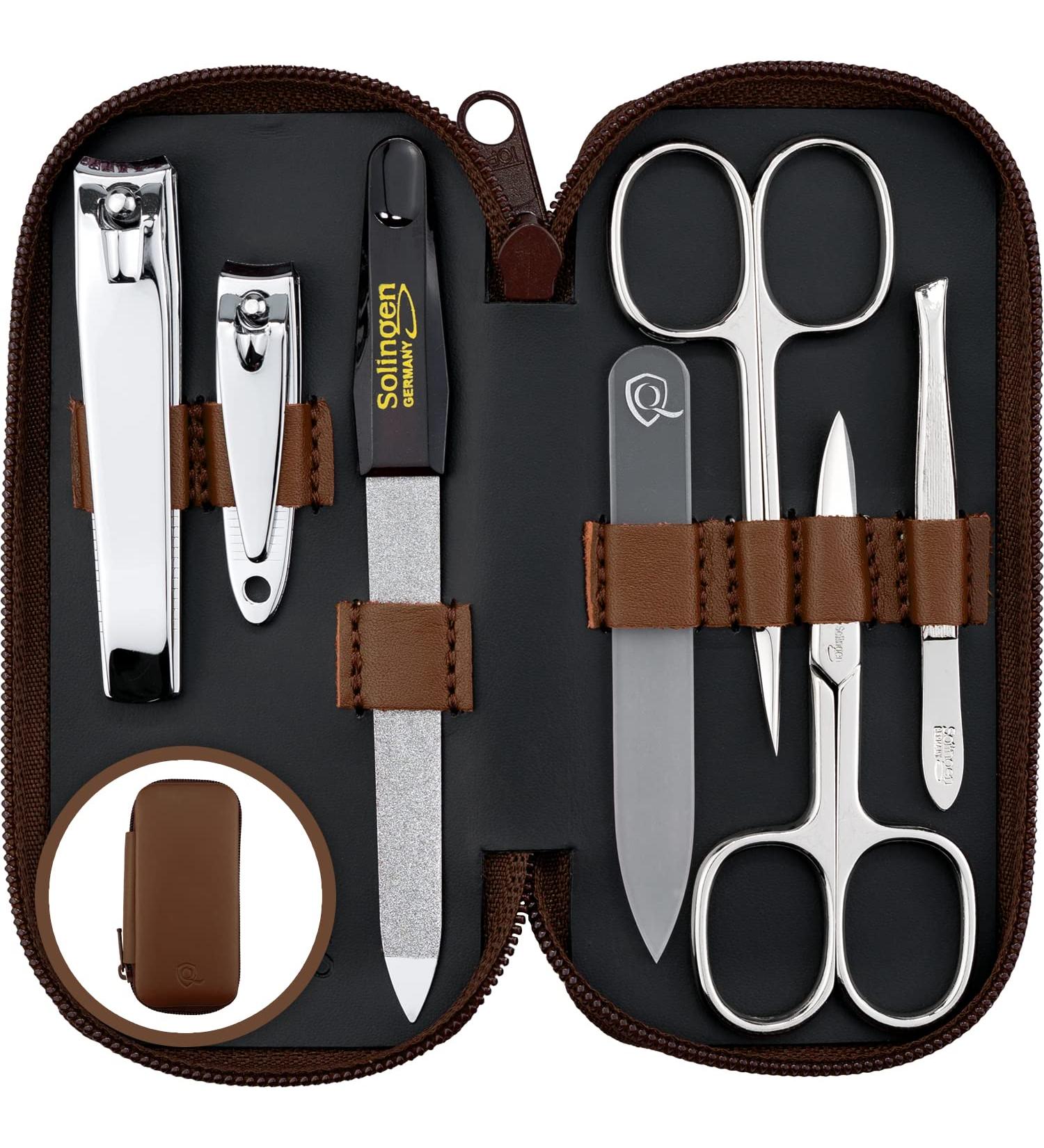 Marqus Manicure Set - 7 Parts Made in Germany | Patented Glass Files | Leather Etui for Hand & Foot Care - Best Grooming Kit for Ladies & Gentlemen - Buy Online on GoSupps.com