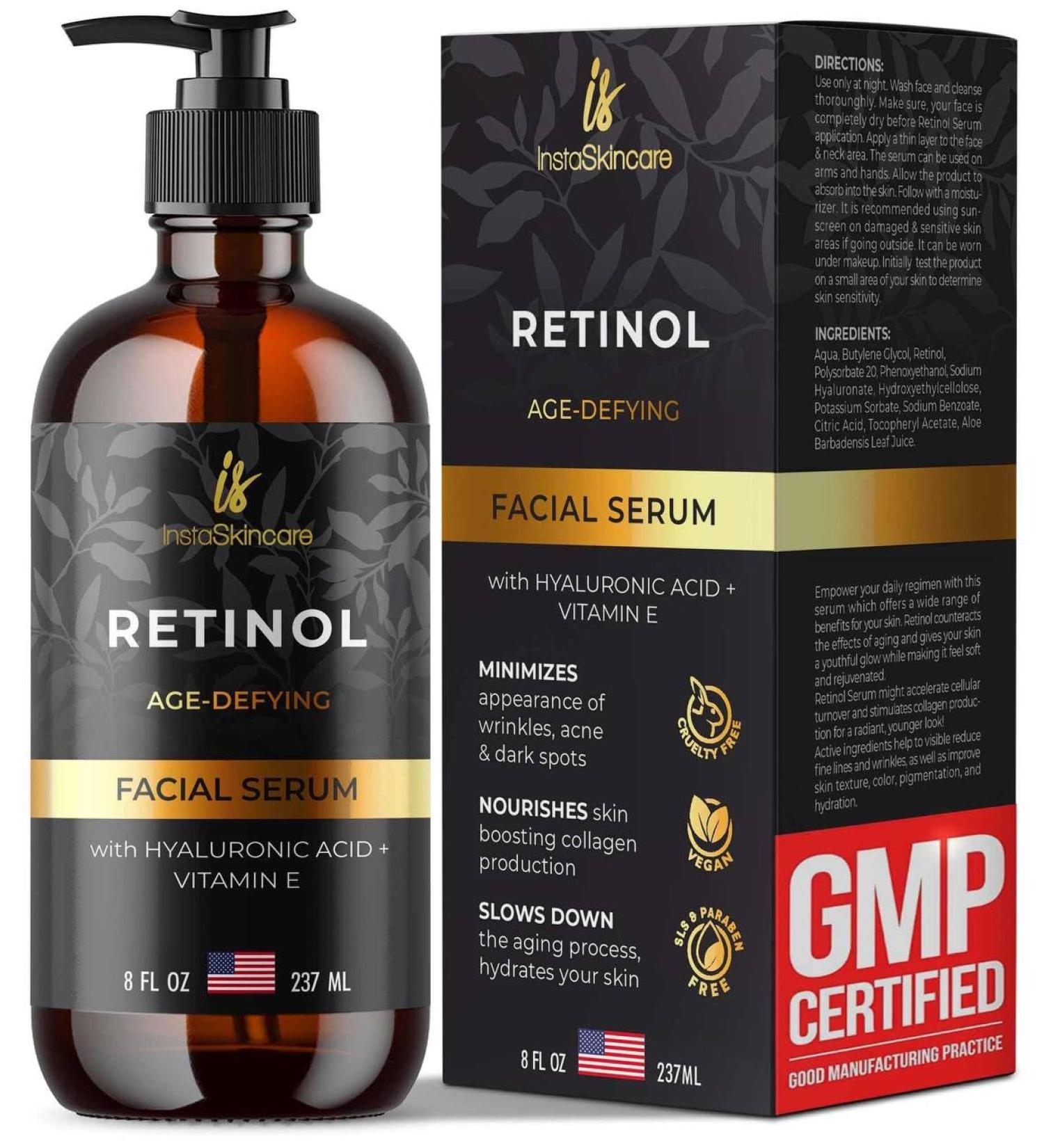 Retinol Serum for Face 8oz | Anti-Aging Pore Tightening Fade Dark Spots | Hyaluronic Acid Vitamin E & A Aloe Vera - InstaSkincare Clinical Strength - Buy Online on GoSupps.com