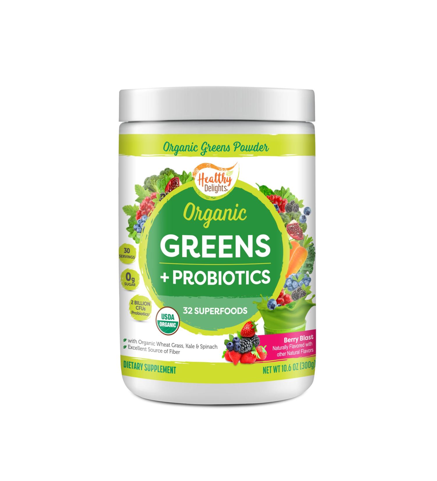 Healthy Delights Naturals - Organic Greens + Probiotics Powder - Naturally Boost Energy - USDA Organic - Delicious Berry Flavored - 30 Servings - Buy Online on GoSupps.com