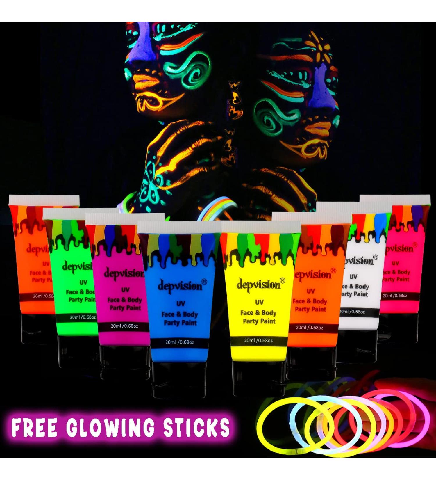 Depvision Glow in the Dark UV Face and Body Paint - 8 x 20ml Neon Blacklight Reactive Fluorescent - Non-toxic for Christmas Halloween Party - Buy Online on GoSupps.com