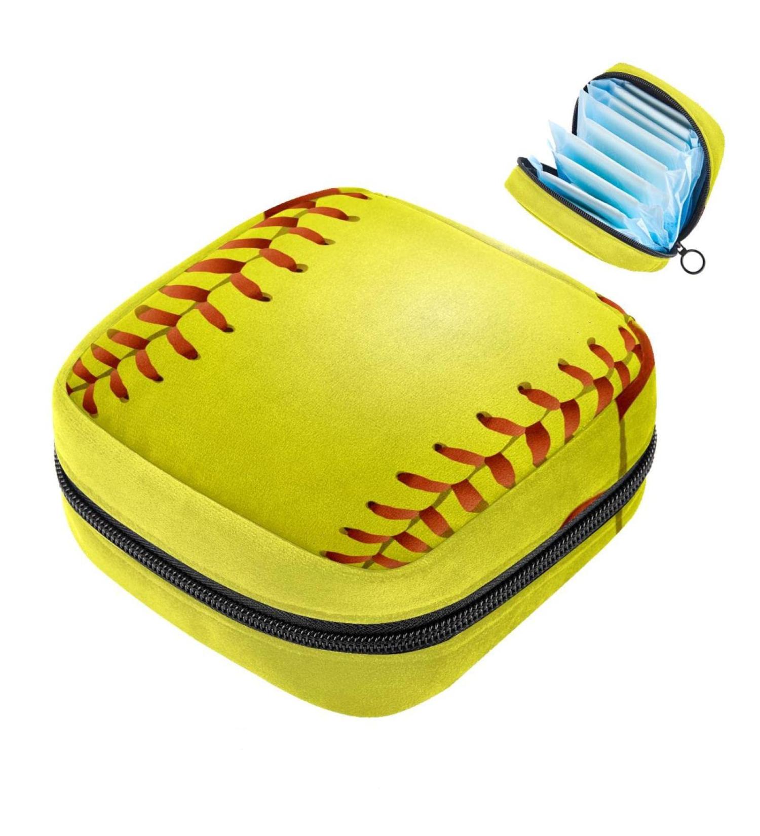 Menstruation Pad Bag with Zipper | Stylish Women's Napkin & Tampon Organizer | Sports Ball Design for Girls - Yellow Baseball - Buy Online on GoSupps.com