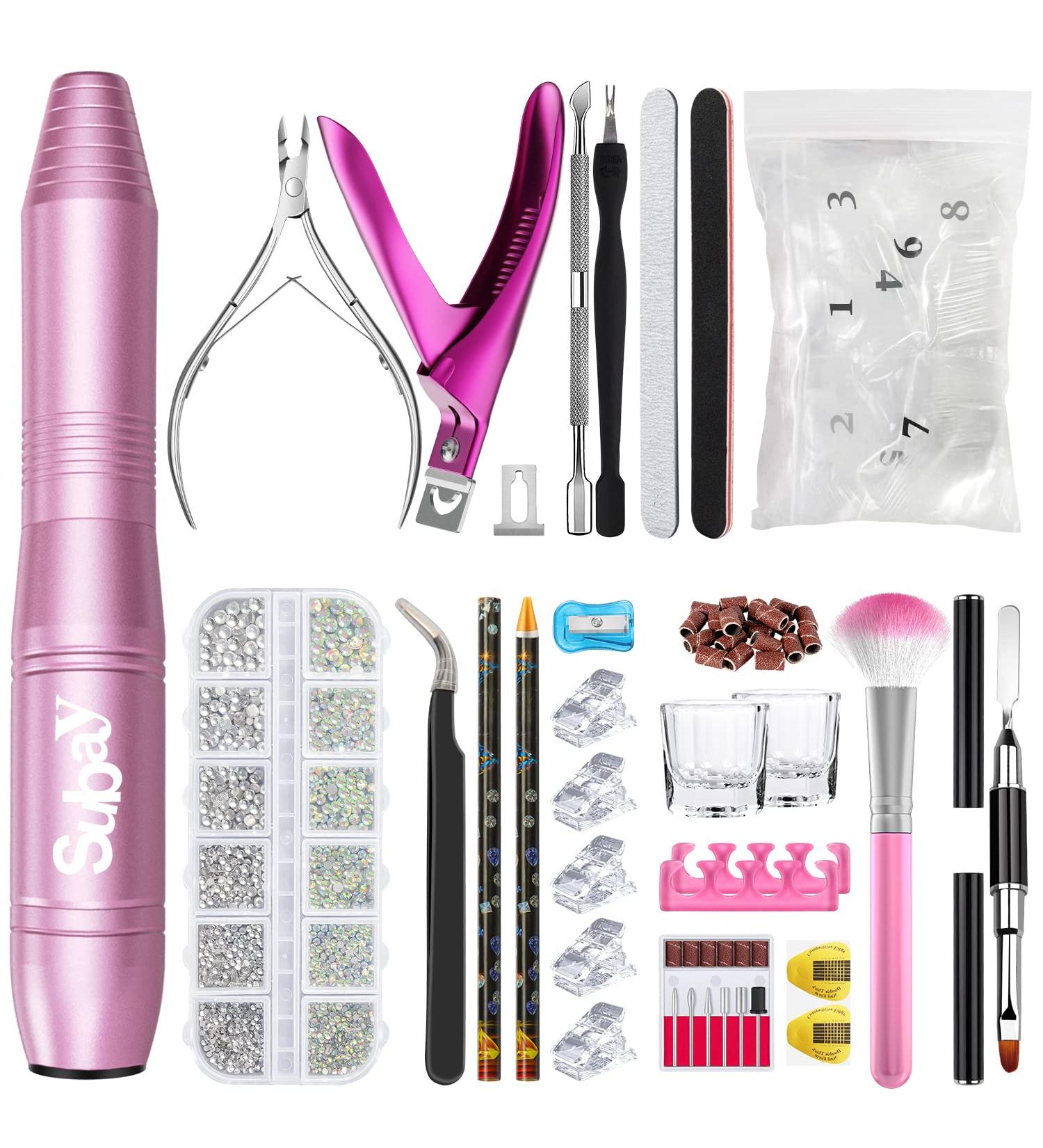 Subay Electric Nail Drill Kit for Acrylic Gel Dip Nails - Professional Manicure Pedicure Tools with Case, 500pcs Fake Nail Tips, Rhinestones, Clipper, Cuticle Trimmer - Pink - Buy Online on GoSupps.com