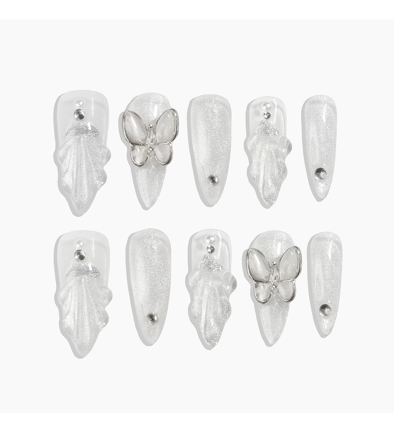 Handmade Press-On Nails - Sun&Beam Medium Long Almond White Silver Mermaid Rhinestone Butterfly Design - 10 Pcs False Nail Tips (#020 S - Buy Online on GoSupps.com