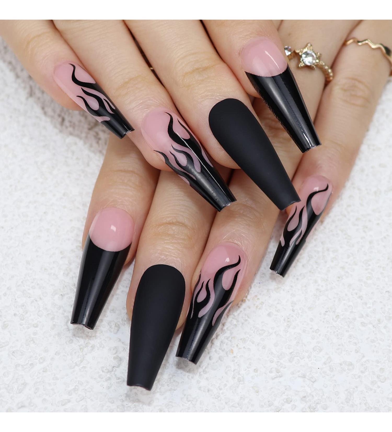 IMSOHOT 30Pcs Long Glossy Flame Coffin Press on Nails | Full Cover Stick on Acrylic False Nails for Women and Girls - Buy Online on GoSupps.com