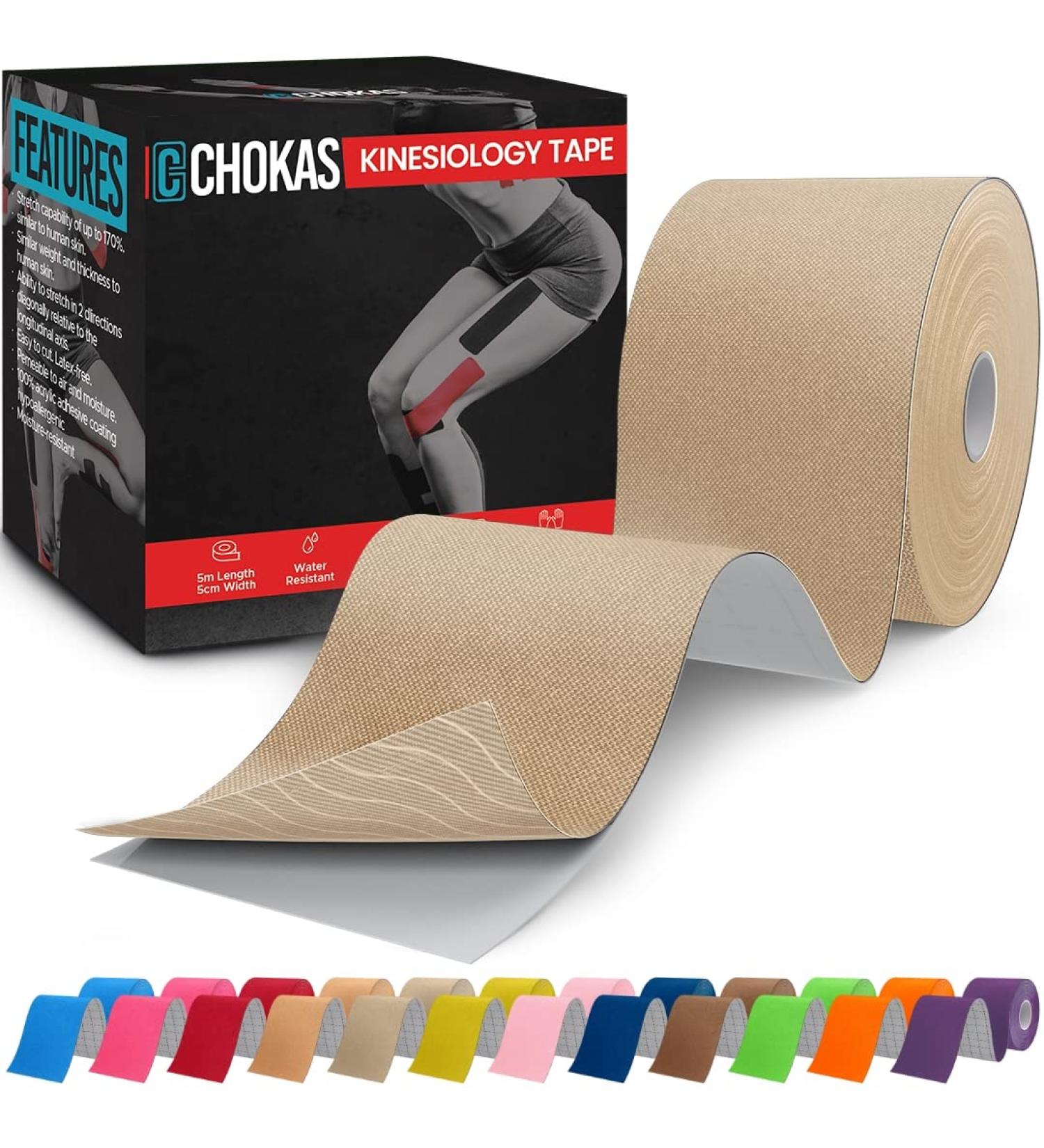 CHOKAS Kinesiology Tape 5m Roll - Elastic Therapeutic Sports Tape for Multiple Body Parts - Waterproof Physio Tape for Muscle Pain Relief - Ivory - Buy Online on GoSupps.com