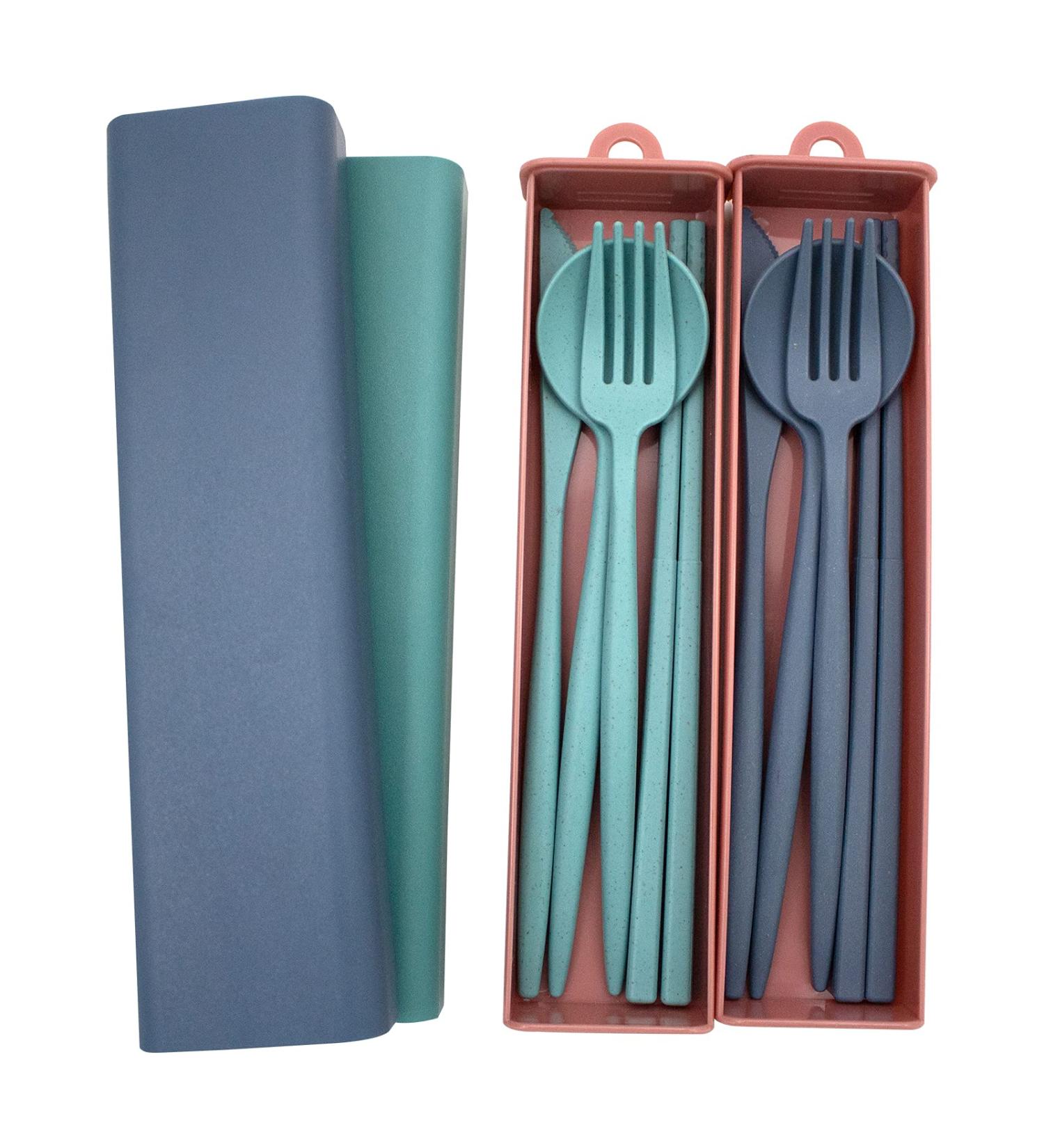 Portable Eco-Friendly Cutlery Set - Wheatgrass Dinnerware Utensils with Knife, Fork, Spoon, Chopsticks - Non-Toxic & BPA Free - Ideal for Travel, Picnic, Camping - Green + Blue - Buy Online on GoSupps.com