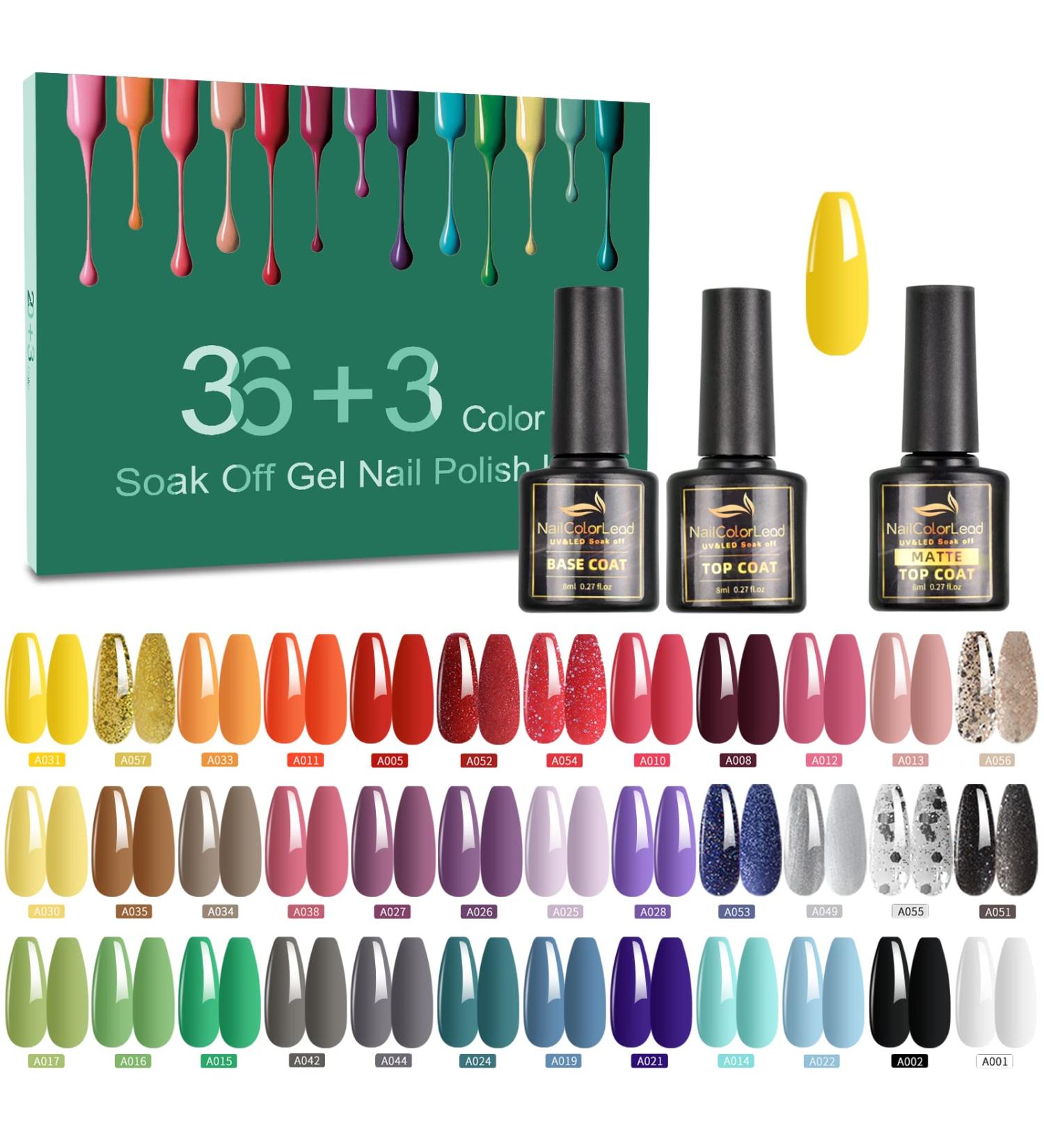 39 Pcs Gel Nail Polish Set - 36 Colors UV LED Soak Off Nail Gel Kit with Glossy & Matte Top Coat - Popular Nail Art Colors - Buy Online on GoSupps.com