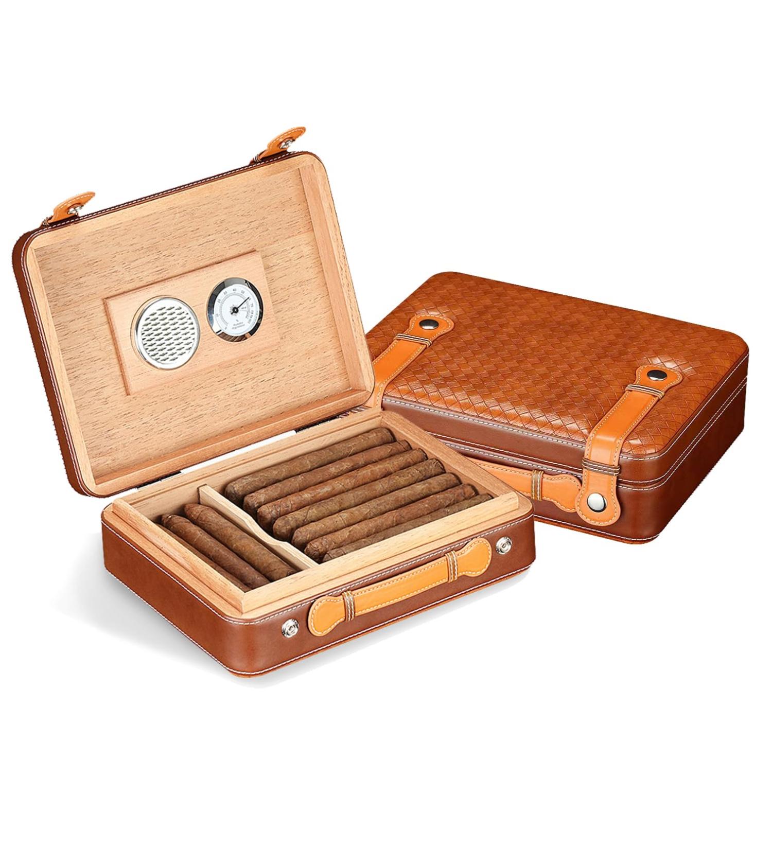 LYGA Portable Cigar Box Holds 30 Pcs Premium Cigar Humidor Organizer Real Leather Vintage Flap Cedar Wood Cigar Case Storage. - Buy Online on GoSupps.com