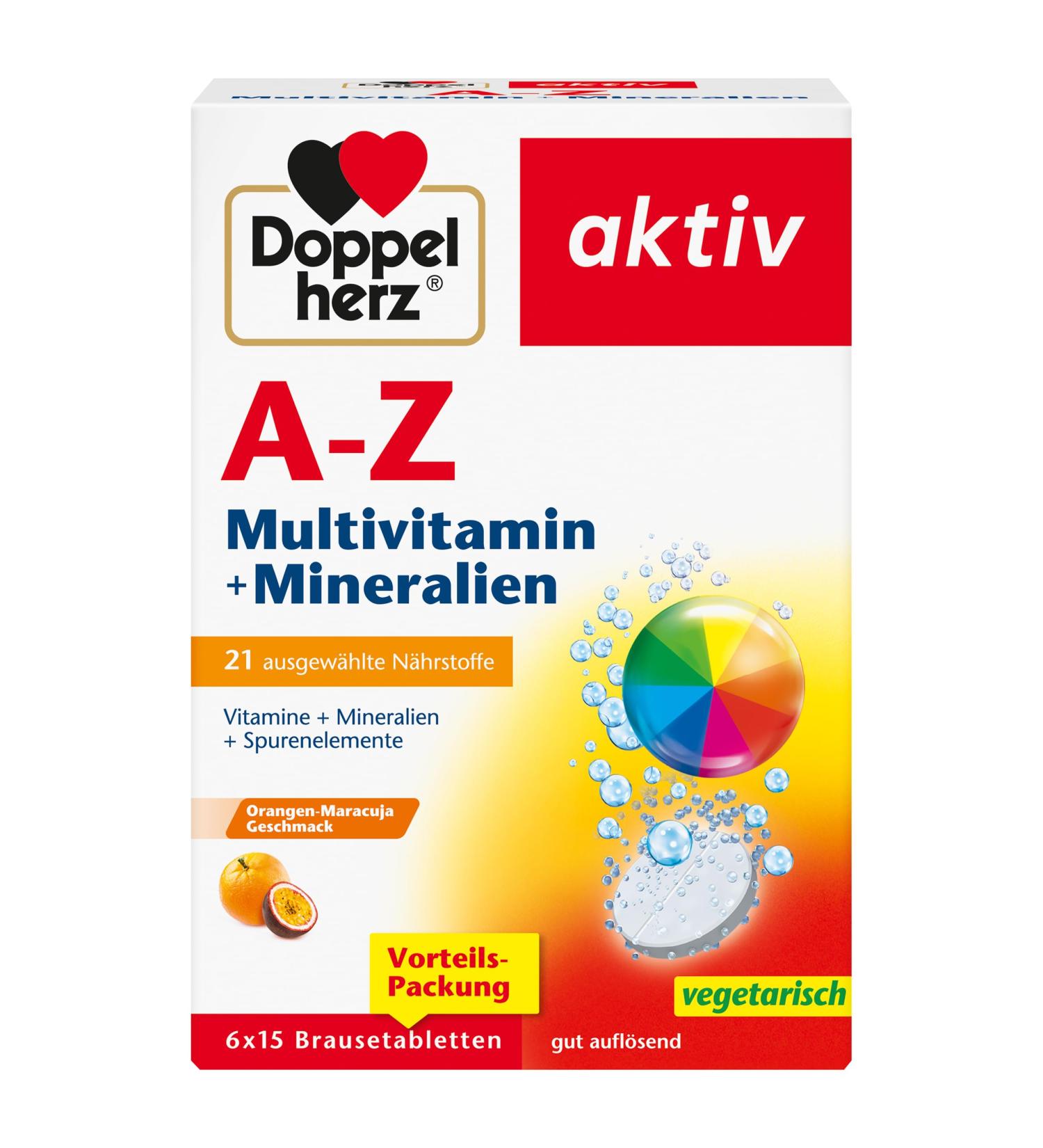 Double Heart A-Z Multivitamin & Minerals - 21 Nutrients for Health & Well-Being | 6 x 15 Effervescent Tablets (90s Pack) - International Shipping Available - Buy Online on GoSupps.com