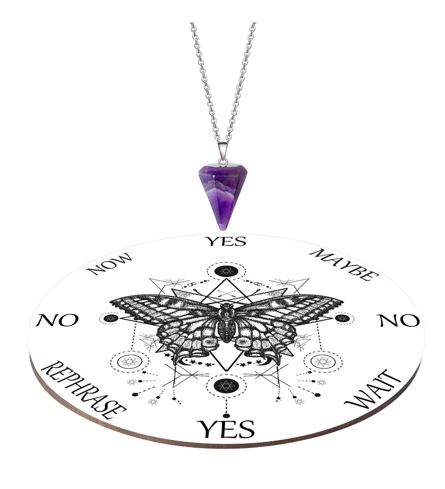 White Butterfly Pendulum Board Dowsing Necklace Kit - Divination Altar Witchcraft Crystal Game for Chakra Healing - Buy Online on GoSupps.com