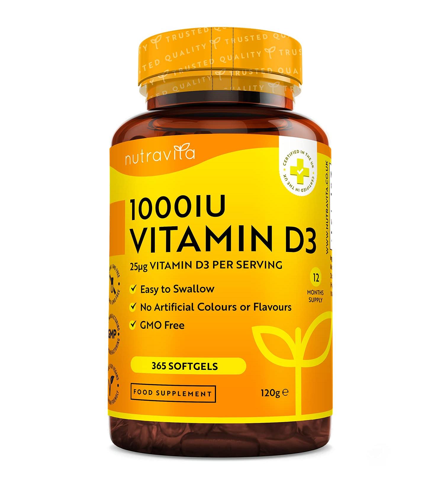 Vitamin D 1000 IU - 365 Soft Capsules - For 1 Year - Maintaining a Healthy Immune System Muscles Bones and Teeth - Vitamin D3 1000iu Cholecalciferol - Nutravita - Buy Online on GoSupps.com