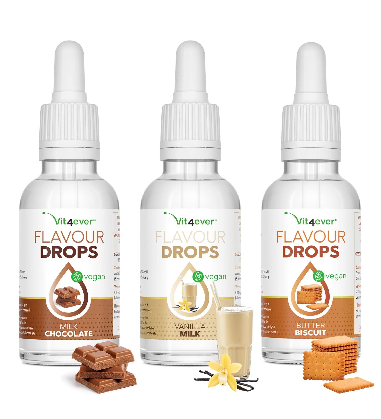 Buy Flavor Drops 3x50ml Bundle Zero Calorie Milk Chocolate Vanilla Milk & Butter Biscuit Basic 10 Pack for Tasty Recipes - Buy Online on GoSupps.com