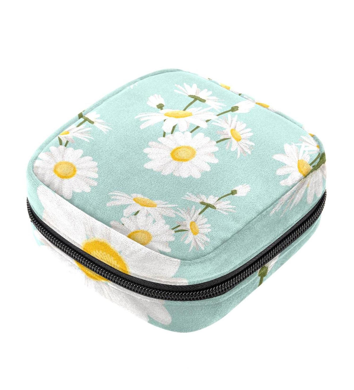 Menstruation Pad Bag with Zipper - Women's Napkin & Tampon Bag - Floral Design (Daisies Chamomile) - Ideal for Girls - Buy Online on GoSupps.com