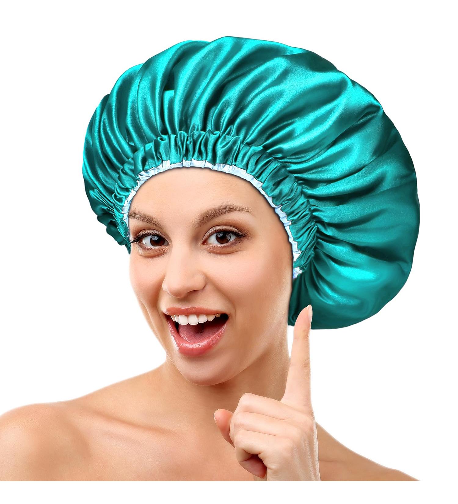 Mikimini Satin Sleep Hood for Long Curly Hair | 2 Pack Green & Light Blue | Double-Layer Silk Hair Caps for Women | Extra Large Stretchy Sleep Caps - Buy Online on GoSupps.com