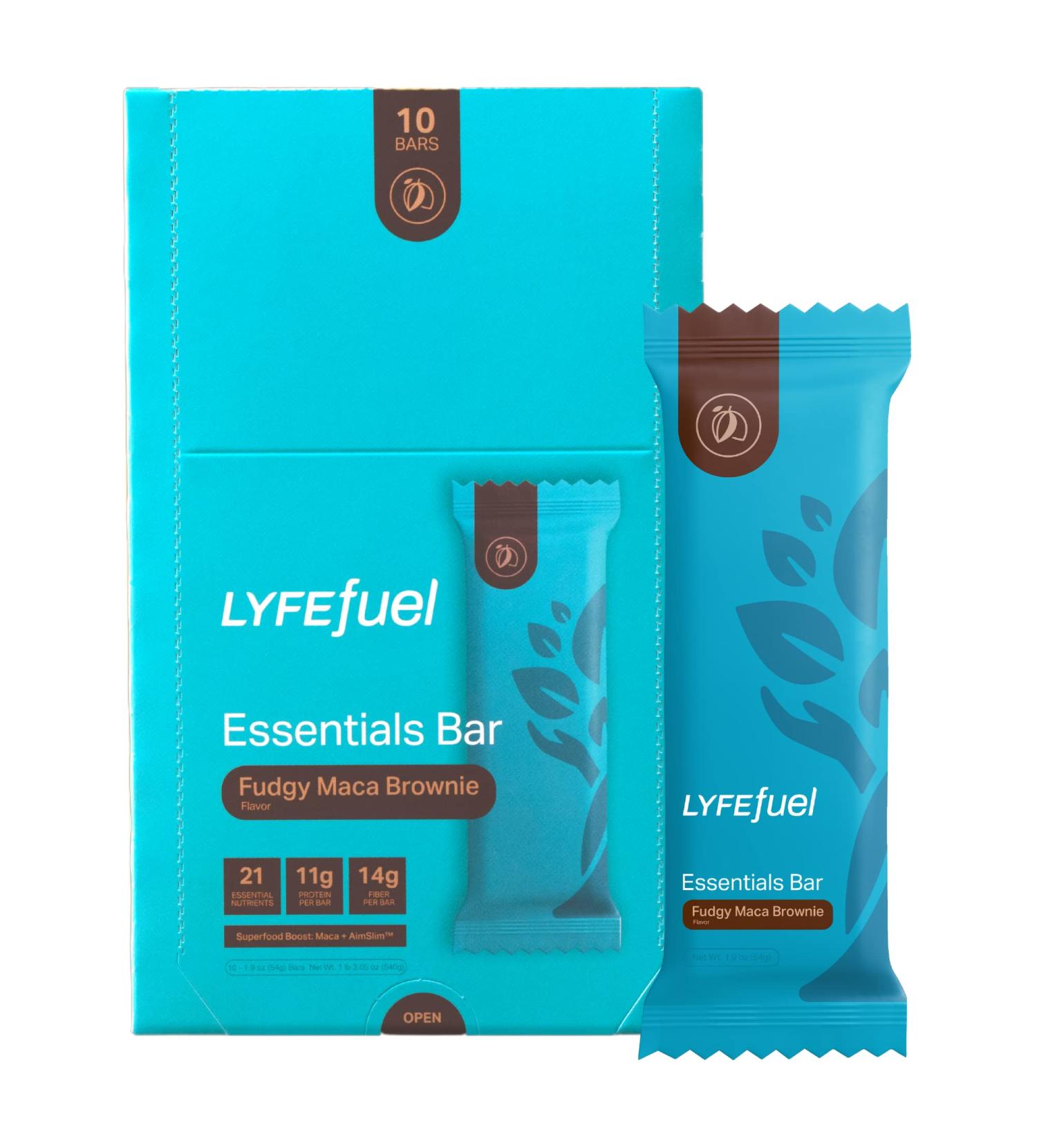 LyfeFuel Essential Nutrition Bar - Vegan Meal Replacement Bar with High Fiber & 21 Vitamins - Fudgy Brownie Flavor - Box of 10 - Buy Online on GoSupps.com