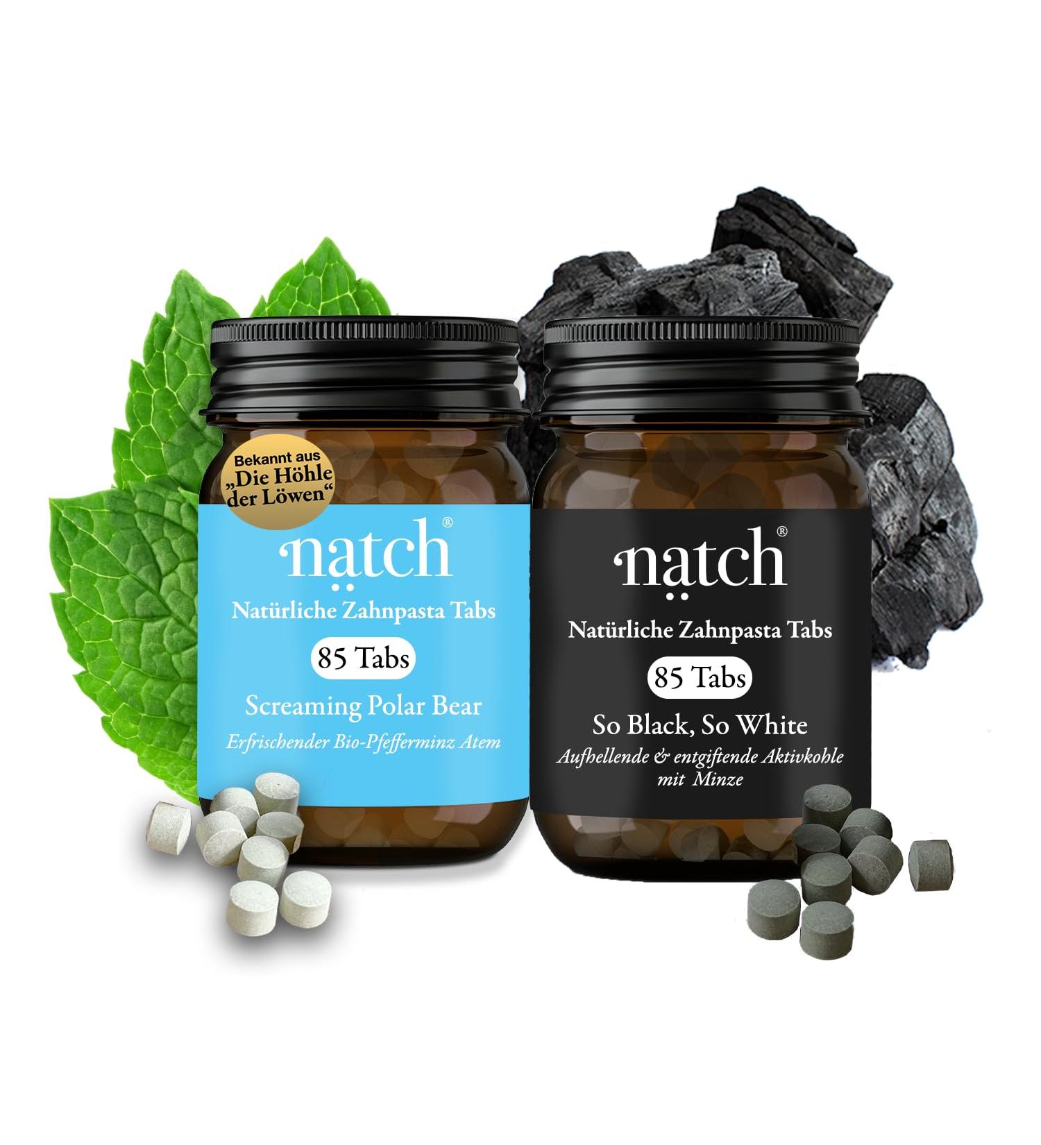 NATCH Toothpaste Tablets 2er Set - 85 Tabs Fluoride-Free Vegan Natural Foaming Plastic-Free Day & Night Routine for Healthy Teeth - Buy Online on GoSupps.com