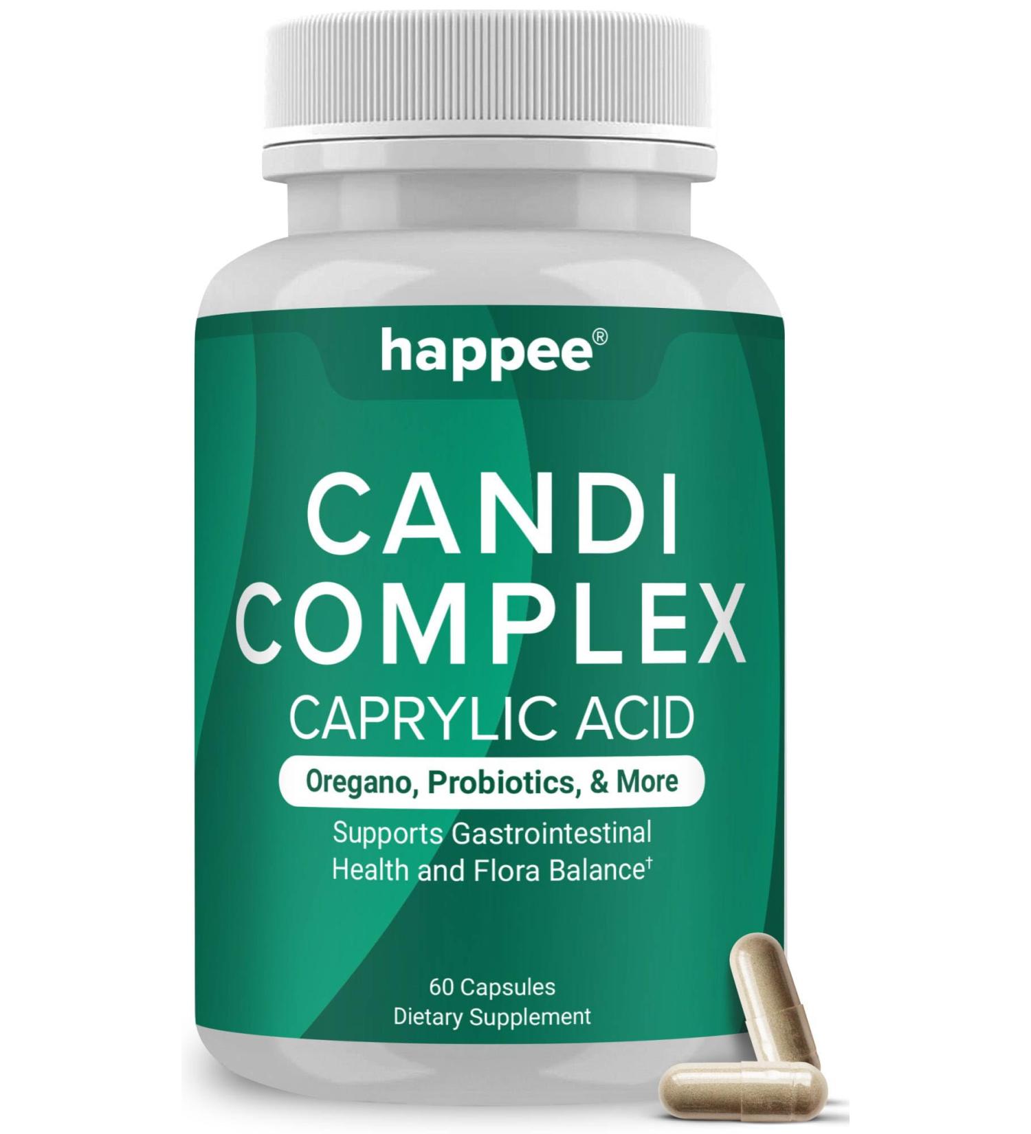Happee Candida Complex Supplement Candida Cleanse for Overgrowth Support Caprylic Acid Oregano & Probiotics for Yeast Balance Gut & Immune Support 60 Caps - Buy Online on GoSupps.com