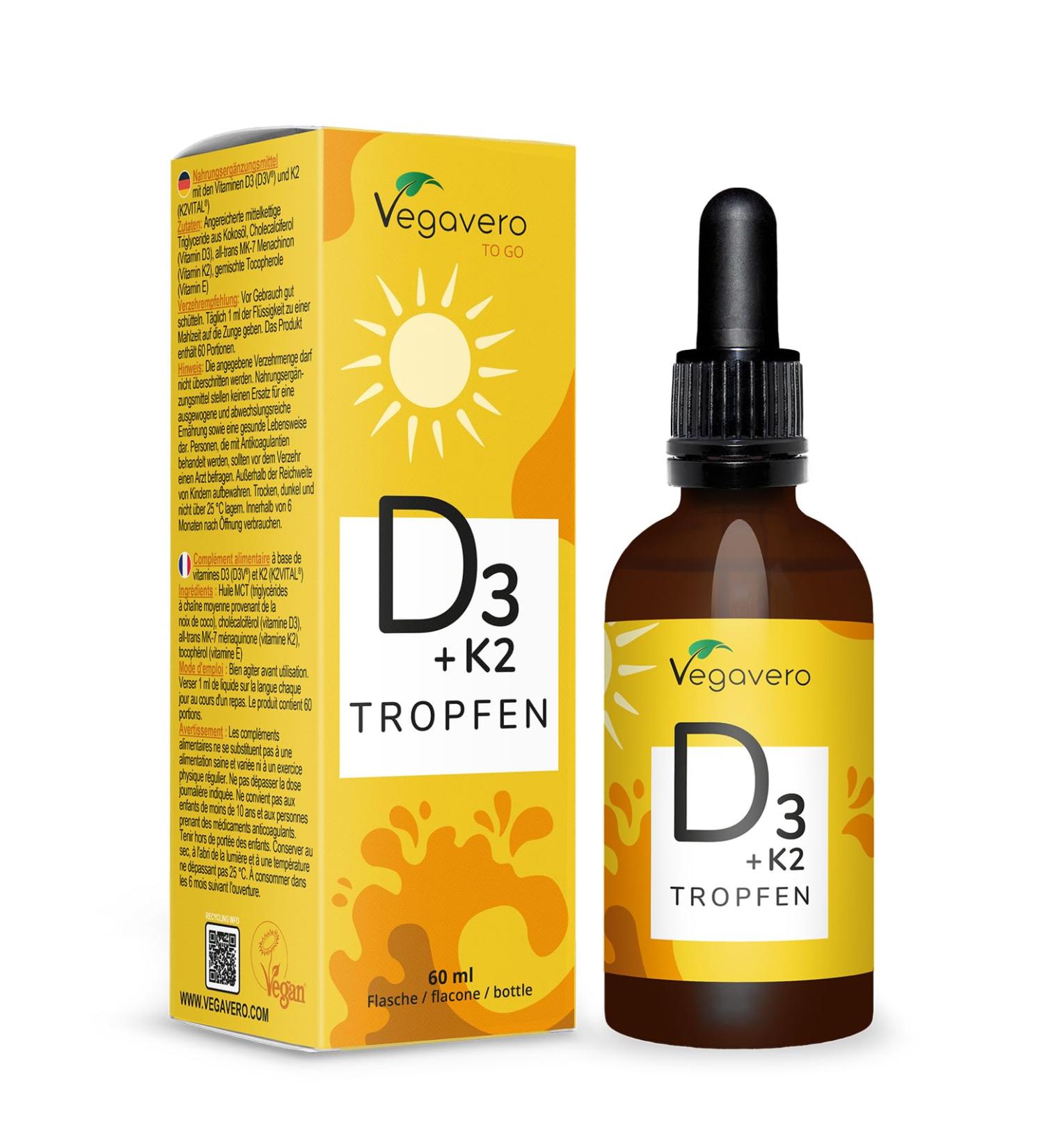 Vitamin D3 K2 Drops Vegavero | VEGAN | 2000 IU Vitamin D3 + 25 g Vitamin K2-MK7 | High Bioavailability and Dosage | Immunity + Teeth and Bone Health - Buy Online on GoSupps.com