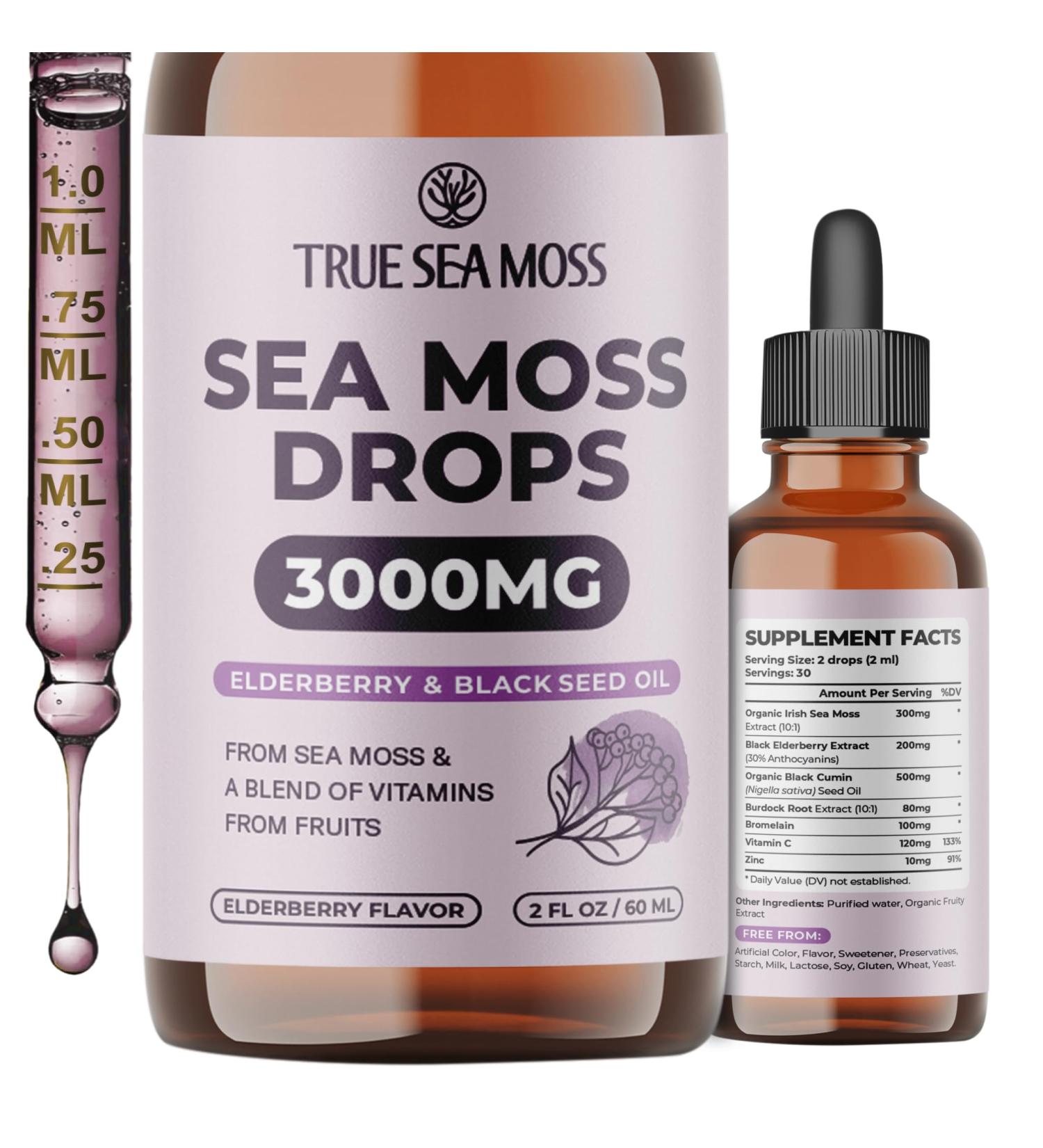 Irish Sea Moss Liquid Drops - with Black Elderberry, Burdock Root & Black Cumin - Liquid Supplement - Elderberry Flavor - 2 Fl Oz (60ml) - Buy Online on GoSupps.com