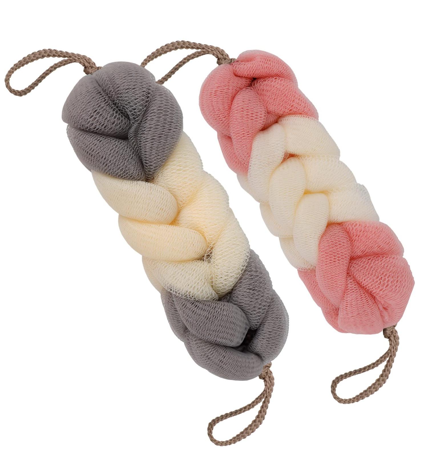 BCKENEY Bath Loofah Sponge 2 Pack - Soft Mesh Shower Puff Body Brushes for Exfoliation - Long Stretch Back Scrubber with Rope - For Women & Men (Pink + Grey) - Buy Online on GoSupps.com