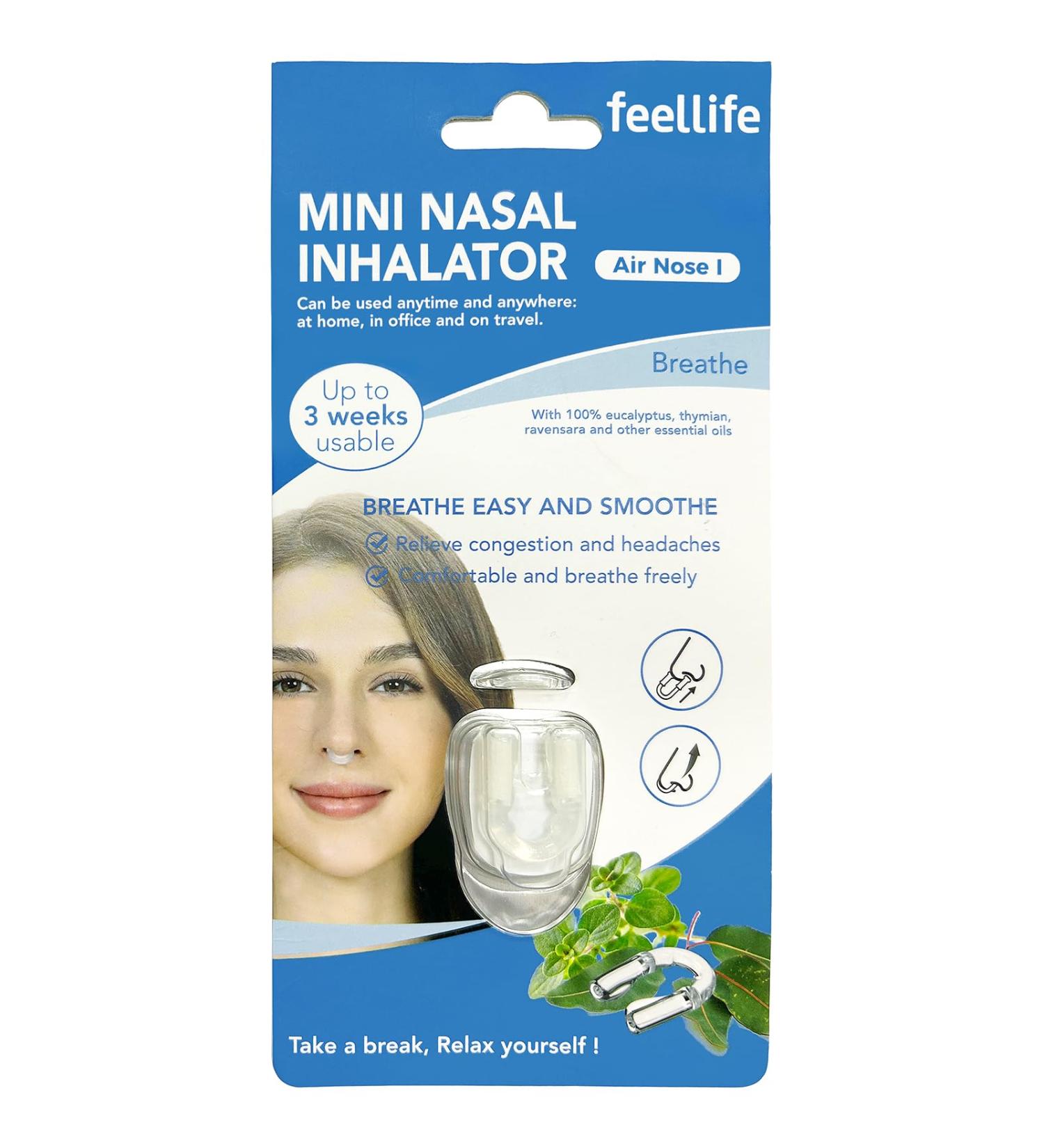 Mini Nasal Inhalator with Essential Oils - FEELLIFE Aromatilation Eucalyptus Nose Clip for Home Office & Travel - 100% Natural Bio (Blue) - Buy Online on GoSupps.com