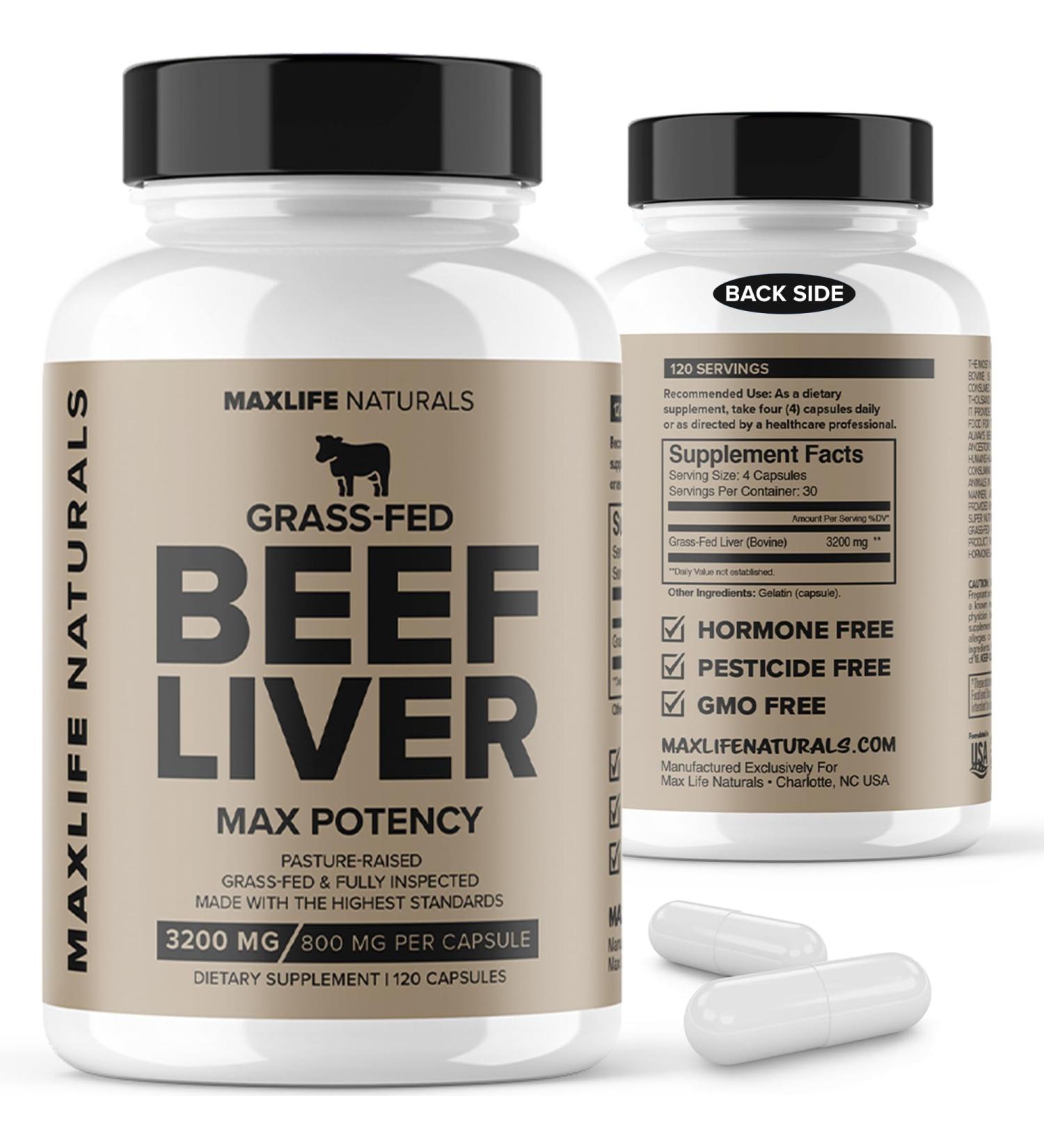 Grass Fed Beef Liver Supplement (Desiccated) 3200mg - 120 Non-GMO Grass Fed Beef Liver Capsules for Women and Men with Vitamin A B12 for Energy Heme Iron Supplement by MaxLife Naturals USA Made - Buy Online on GoSupps.com