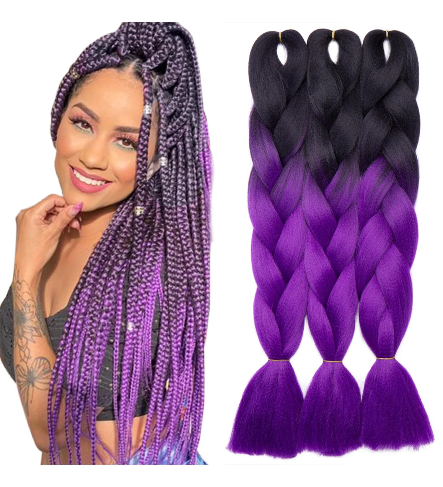 Buy Tess Braids Extensions Ombre 60 cm - 3 Pack Jumbo Kanekalon Hair Braids for Box Braids - #19 Purple/Black Ombre 100g Bundle - Buy Online on GoSupps.com