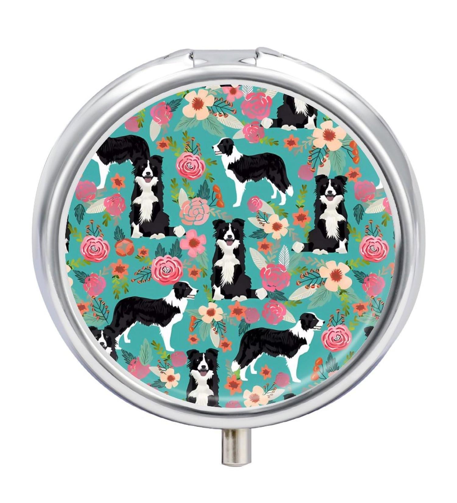 Decorative Round Pill Box - Border Collie Floral Print - 3 Compartment Portable Medicine Organizer - Buy Online on GoSupps.com