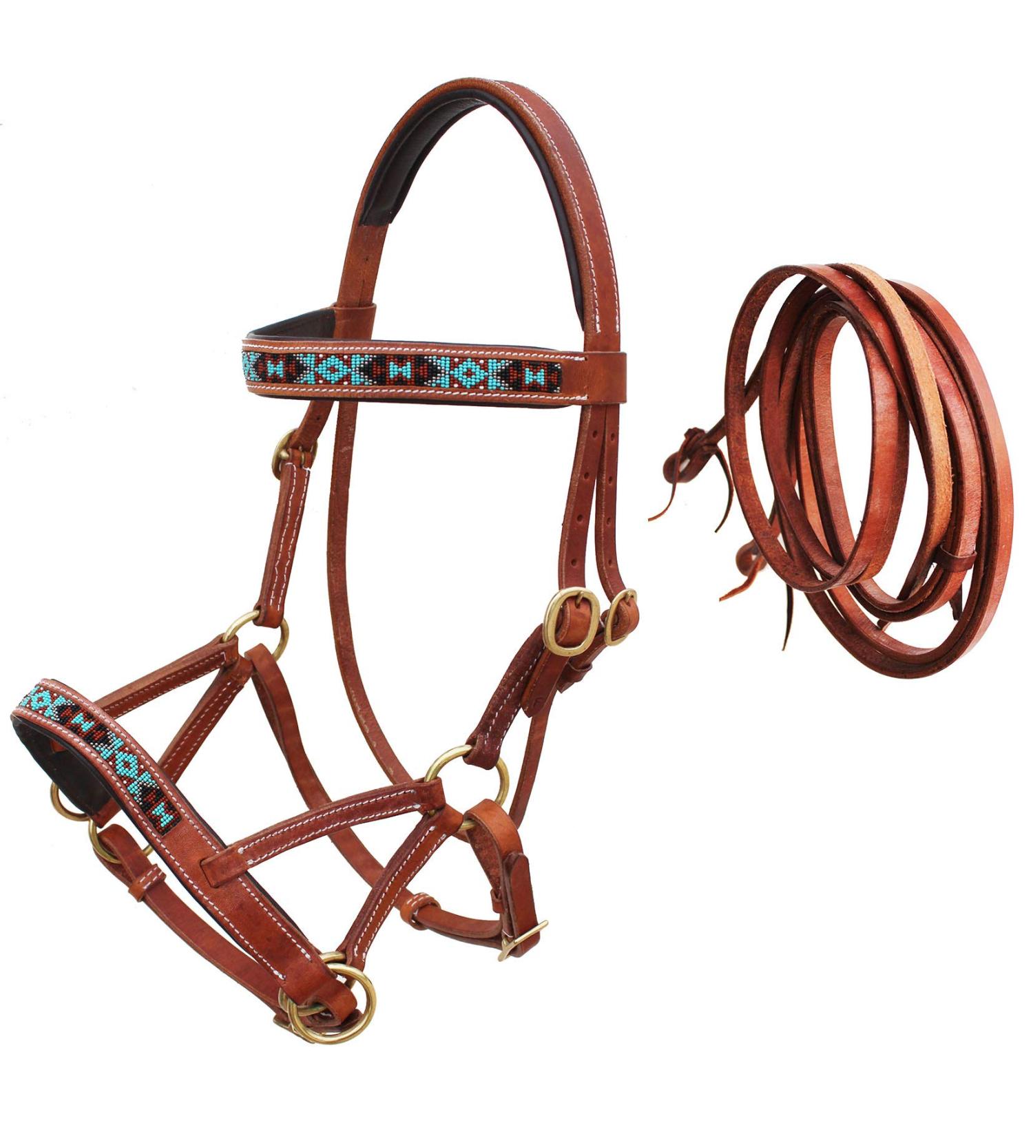CHALLENGER Western Leather Bridle Bitless Beaded 77RS12TN