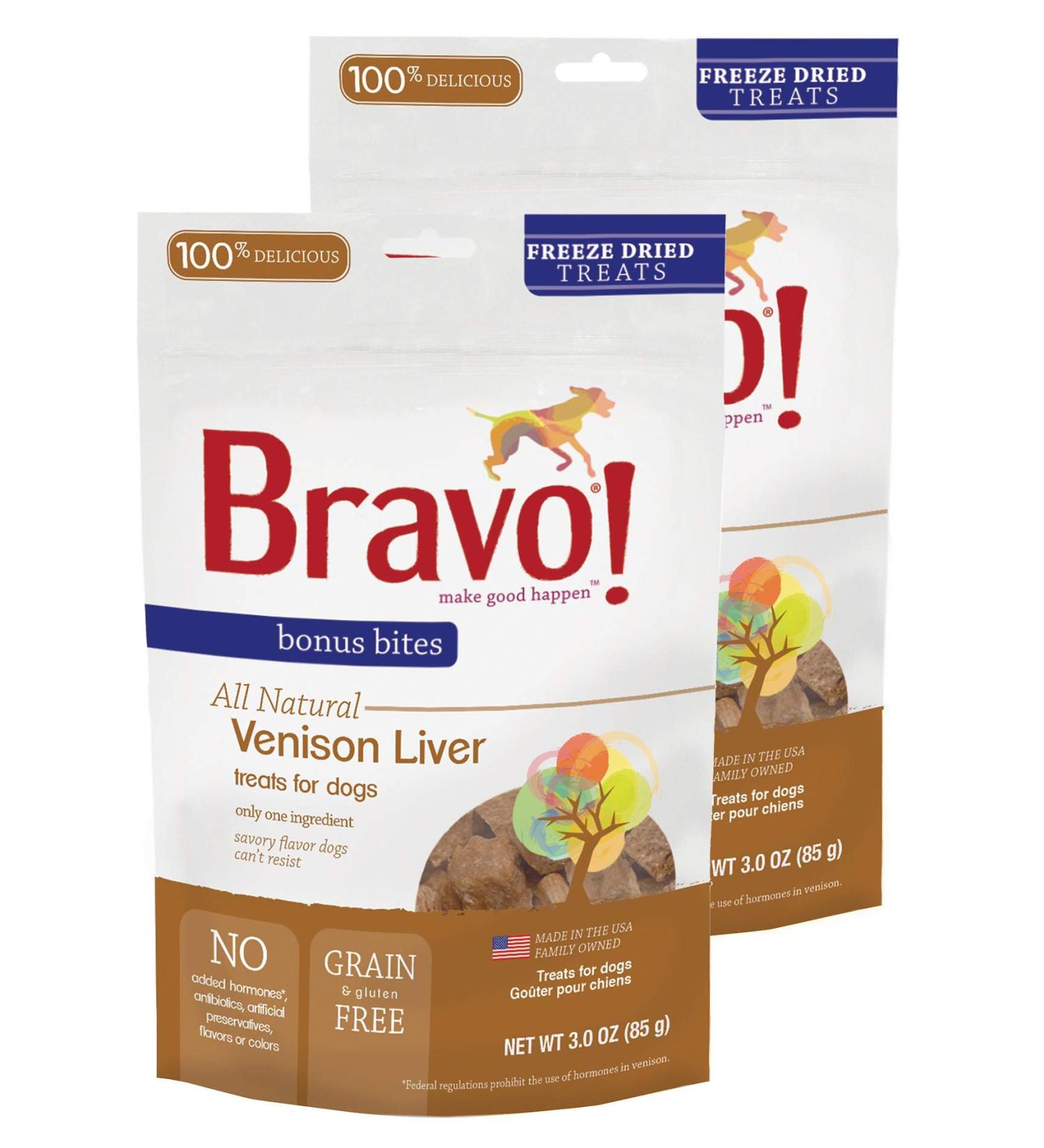 Bravo! Bonus Bites All Natural Freeze Dried Venison Liver Dog Treats - Grain & Gluten Free - 3 Ounce Bags 2 Pack