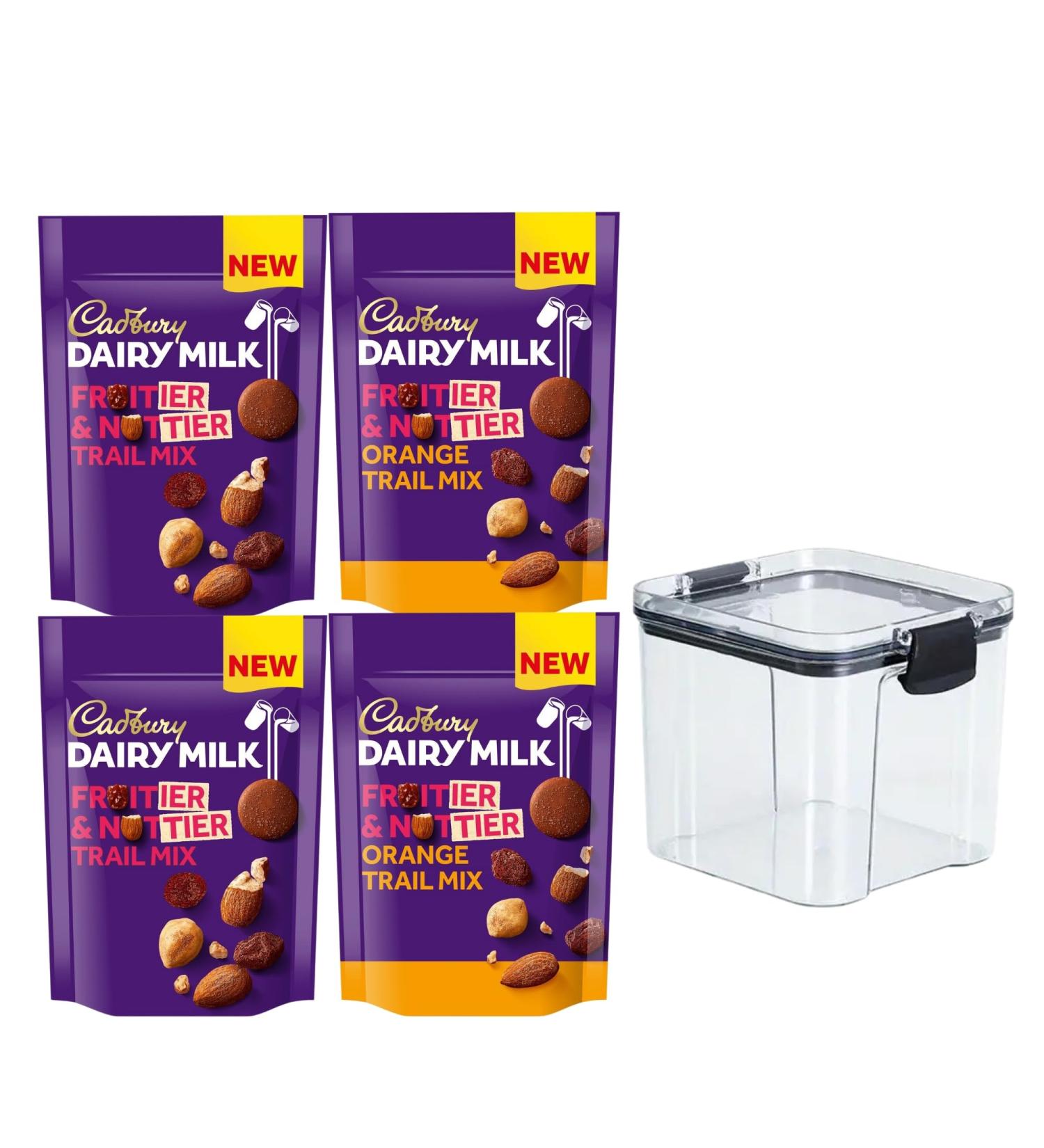 Trail Mix Bundle - Contains 2 x 100g Dairy Milk Fruitier & Nuttier Trail Mix & 2 x 100g Orange Cadbury Trail Mix with a 700ml Air Tight Food Storage Container For Your Fruit and Nut Mix. - Buy Online on GoSupps.com