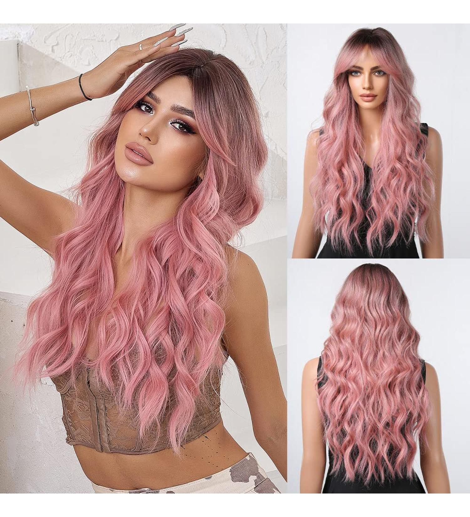 HAIRCUBE Long Pink Wig for Women - Dark Rooted Synthetic Hair with Fringe - Buy Online on GoSupps.com