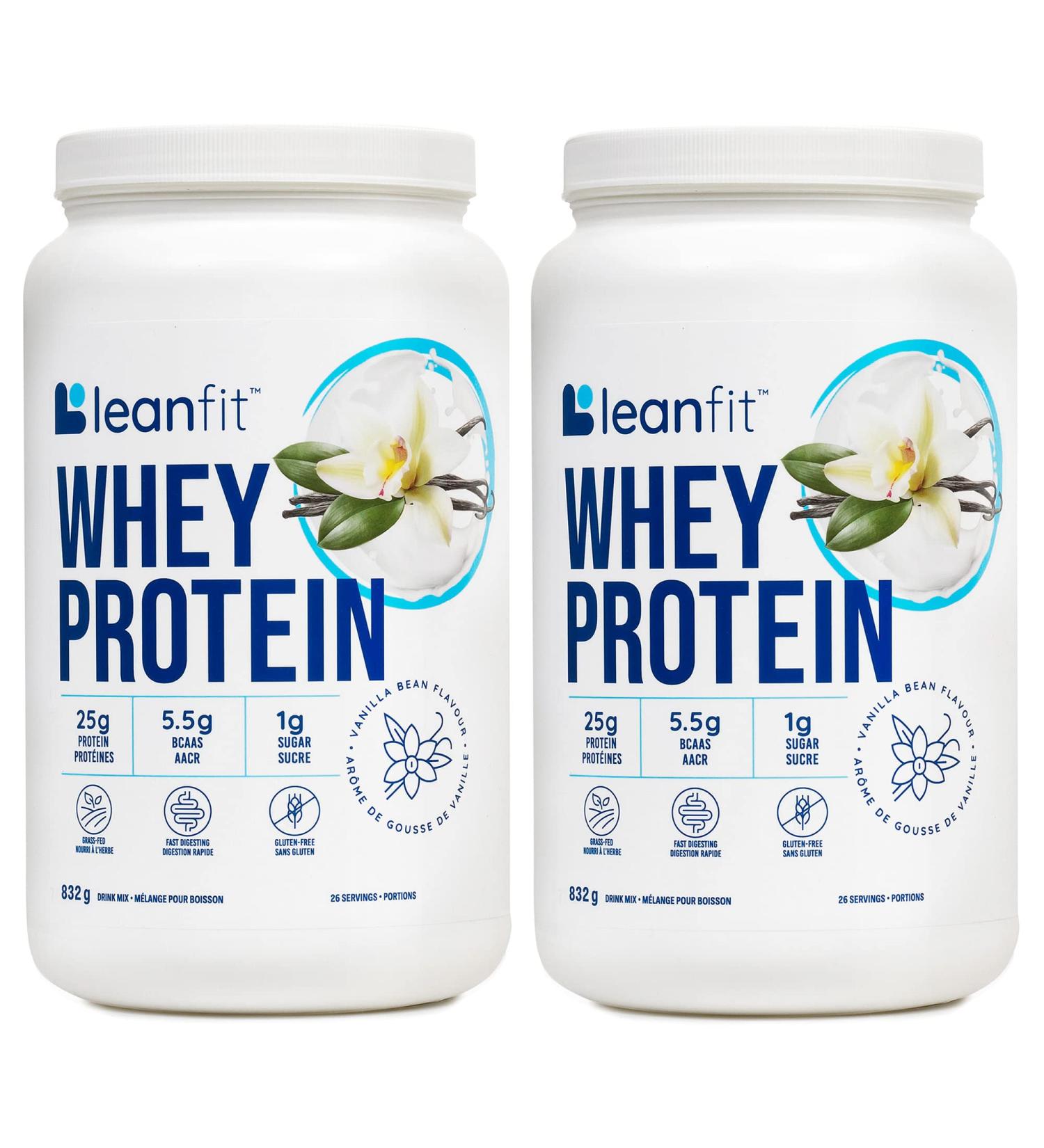 LEANFIT WHEY PROTEIN Natural Vanilla - Pack of 2 (two) 100% Whey Protein Powder 25g Protein Per Serving Grass-Fed Gluten-Free BCAAs Amino Acid - 26 Servings 832g Tub - Buy Online on GoSupps.com