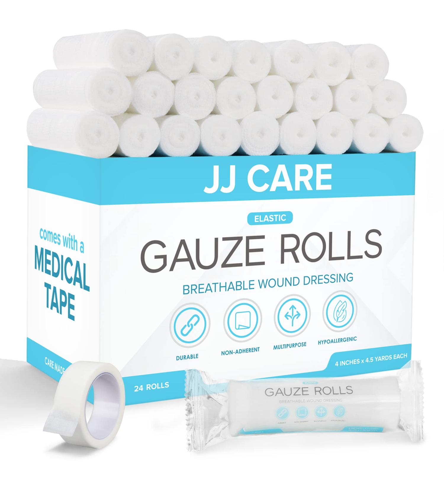 JJ CARE Gauze Rolls Pack of 24 - Individually Wrapped Bandage Roll (4 x 4.1 Yards) + Bonus Medical Tape - Latex Free & Stretchable - Buy Online on GoSupps.com