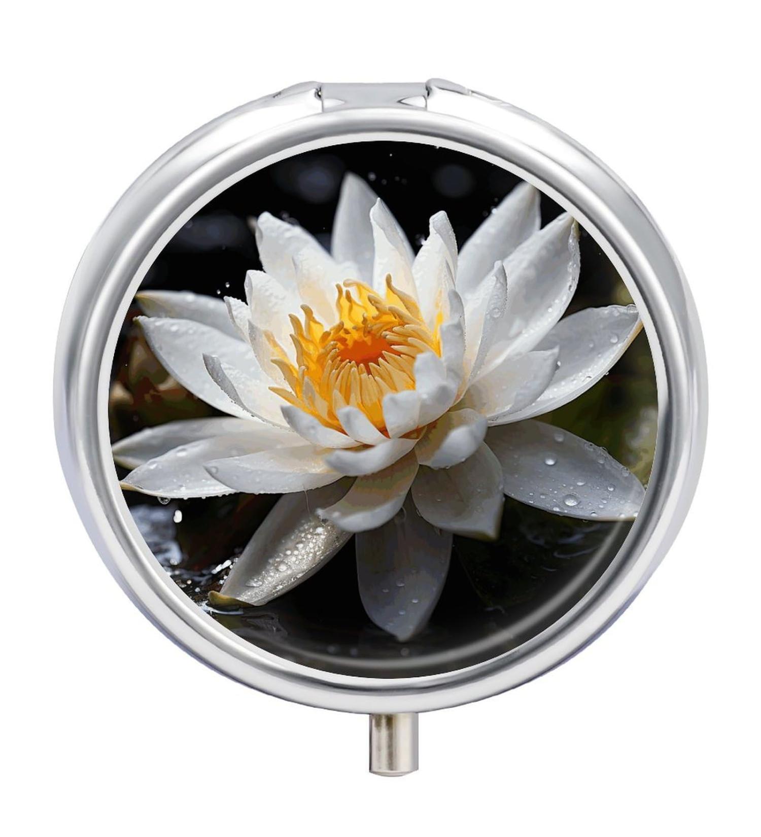 Round White Lotus Print Pill Box | 3 Compartment Portable Medicine Organizer | Decorative Metal Pocket Pill Case - Buy Online on GoSupps.com