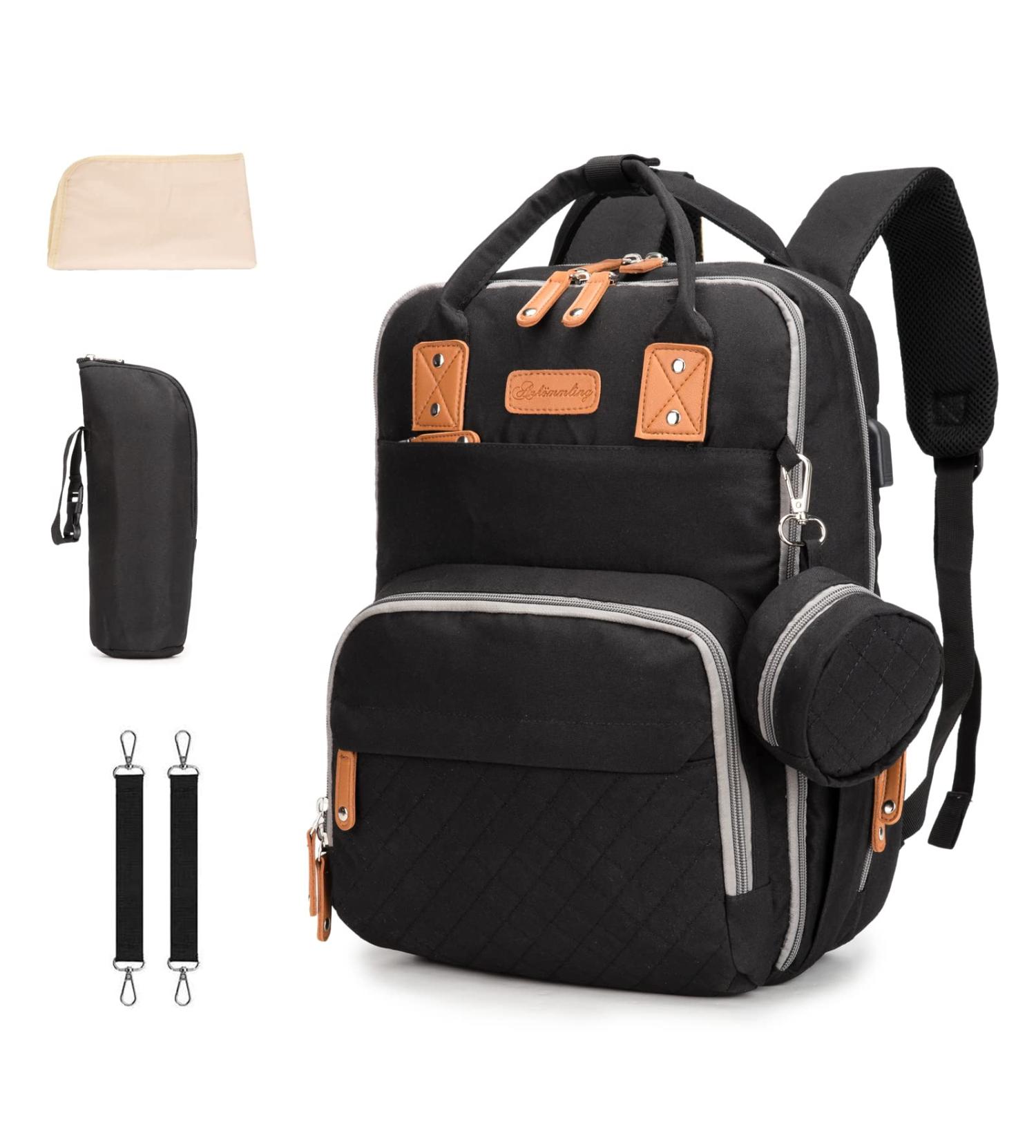 Coramy Multifunctional Mom Backpack - Waterproof Large Capacity Diaper Bag with USB Connection Diaper Pad & Stroller Belts - LD46 Black - Buy Online on GoSupps.com