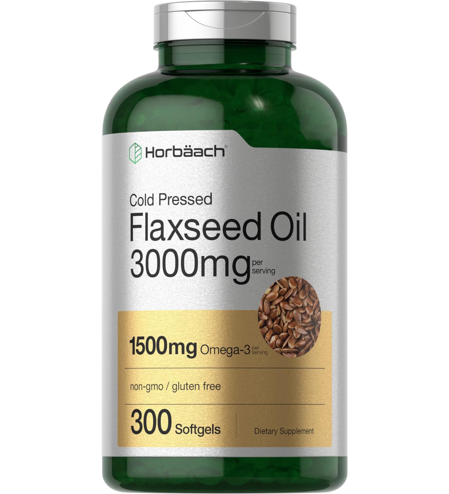 Flaxseed Oil Softgels 3000mg | 300 Count High Potency with Omega 3 6 9 | Non-GMO Gluten Free Cold Pressed Flax Seed by Horbaach - Buy Online on GoSupps.com