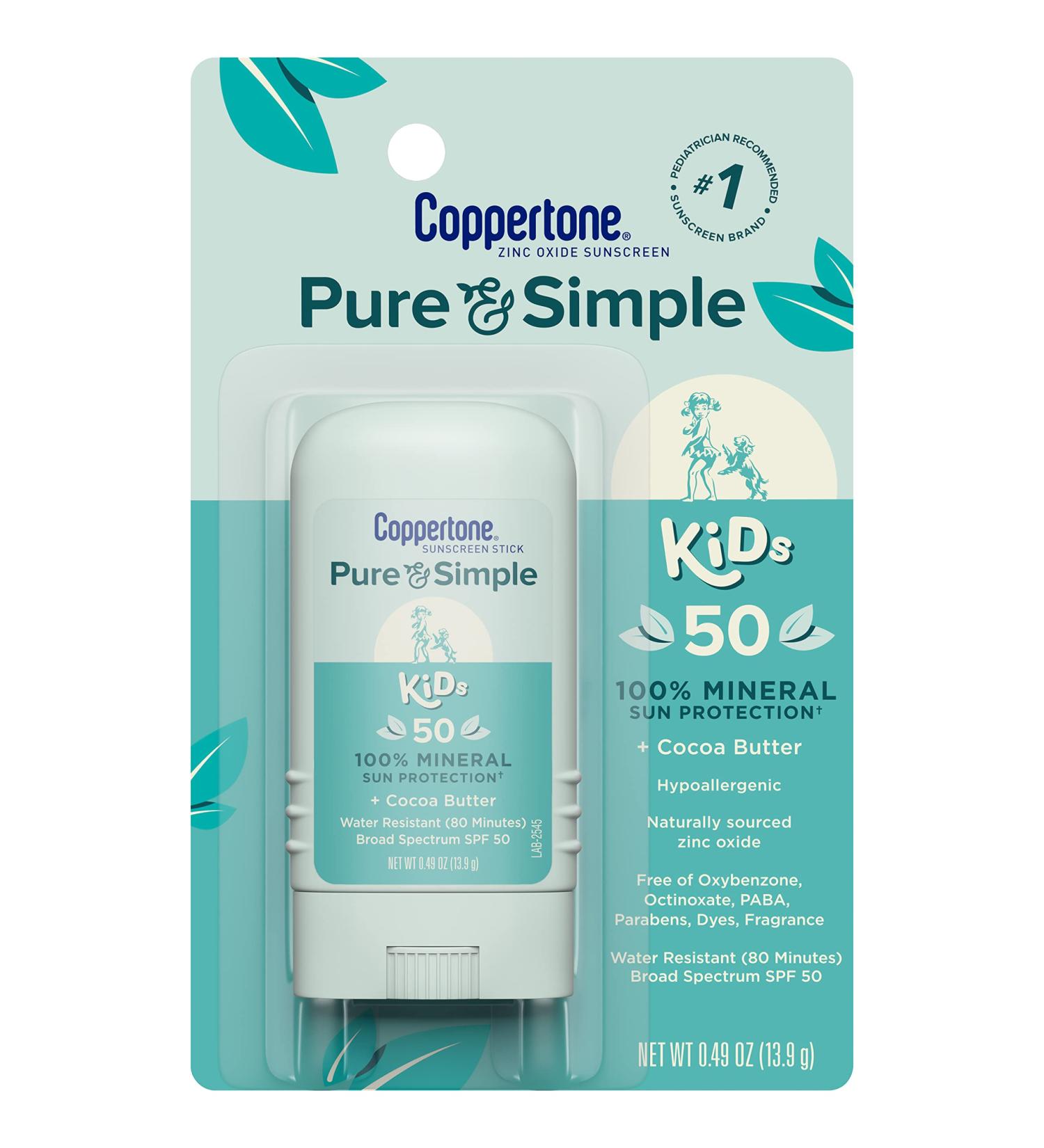 Coppertone Pure and Simple Kids Sunscreen Stick SPF 50 - Zinc Oxide Mineral, Tear-Free, Water-Resistant, Broad Spectrum SPF 50, 0.49 Oz Stick - Buy Online on GoSupps.com