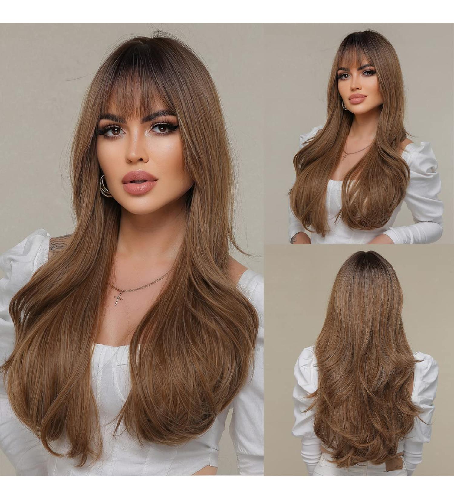 HAIRCUBE Ombre Brown Wig with Bangs | Long Wavy Synthetic Wig for Women - Buy Online on GoSupps.com