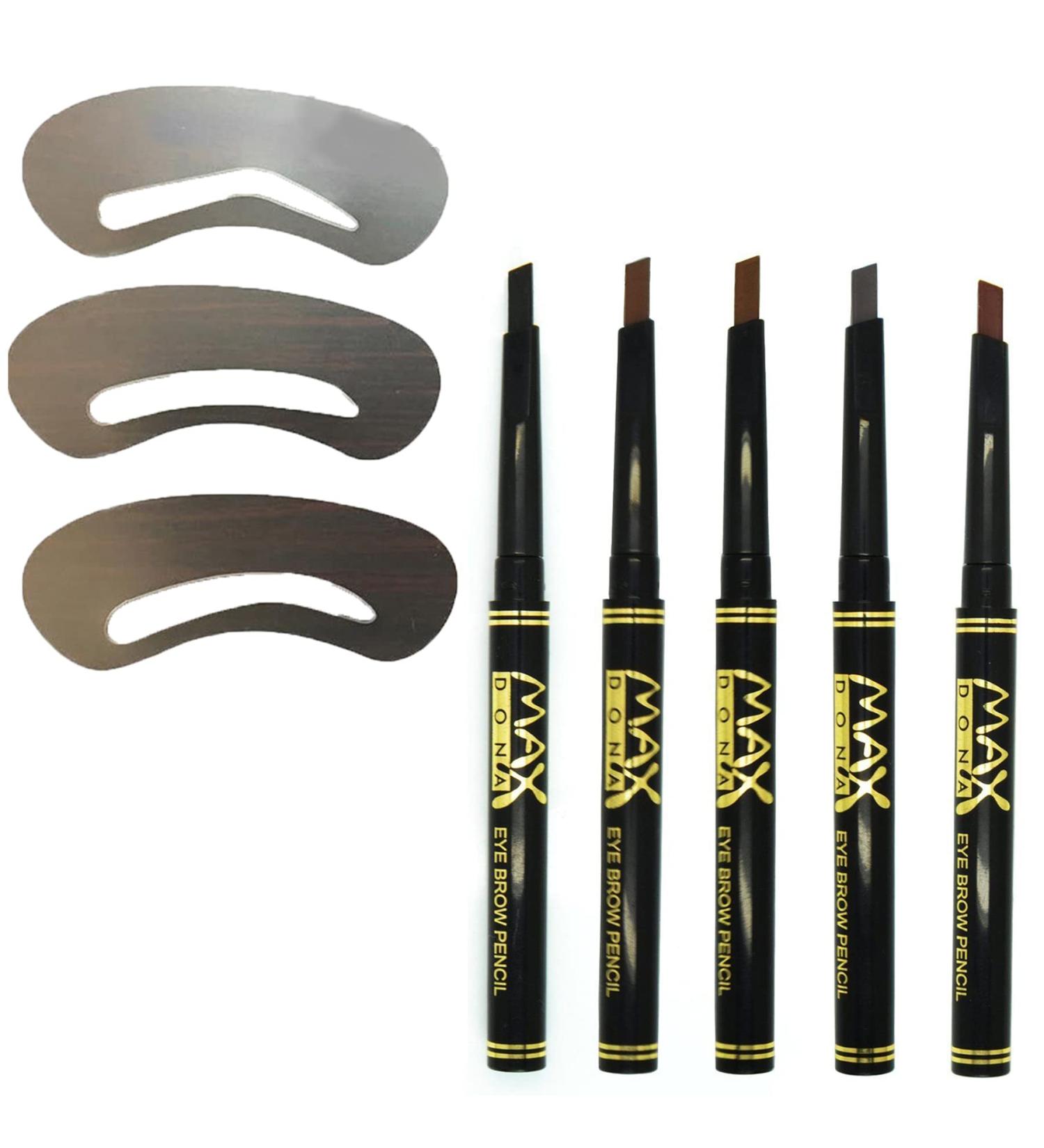Glamza Waterproof Retractable Long Lasting Professional Eyebrow Shaping Pencil Eye Brow Template Liner Shape Kit + 3 Stencils Brown - Buy Online on GoSupps.com