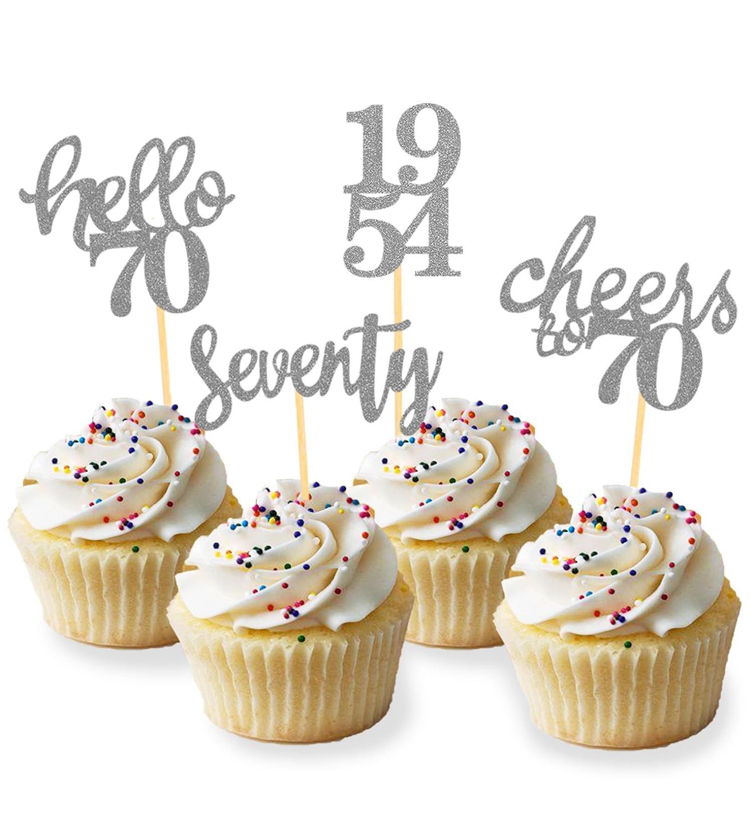 70th Birthday Cupcake Toppers - 24pcs Glitter Decorations for 1954 Themed Parties | Silver Cake Accessories - Buy Online on GoSupps.com