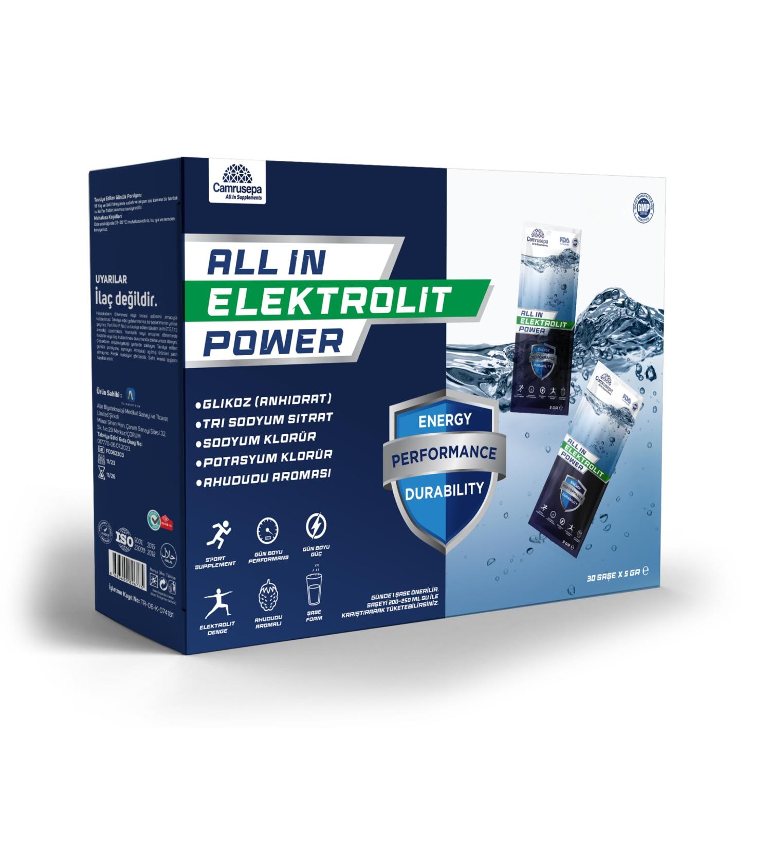Camrusepa All in Elektrolit Power Electrolyte & Energy Support Drink Powder Restores Hydration Muscle Function & Endurance Raspberry Flavored 30 Sachets - Buy Online on GoSupps.com