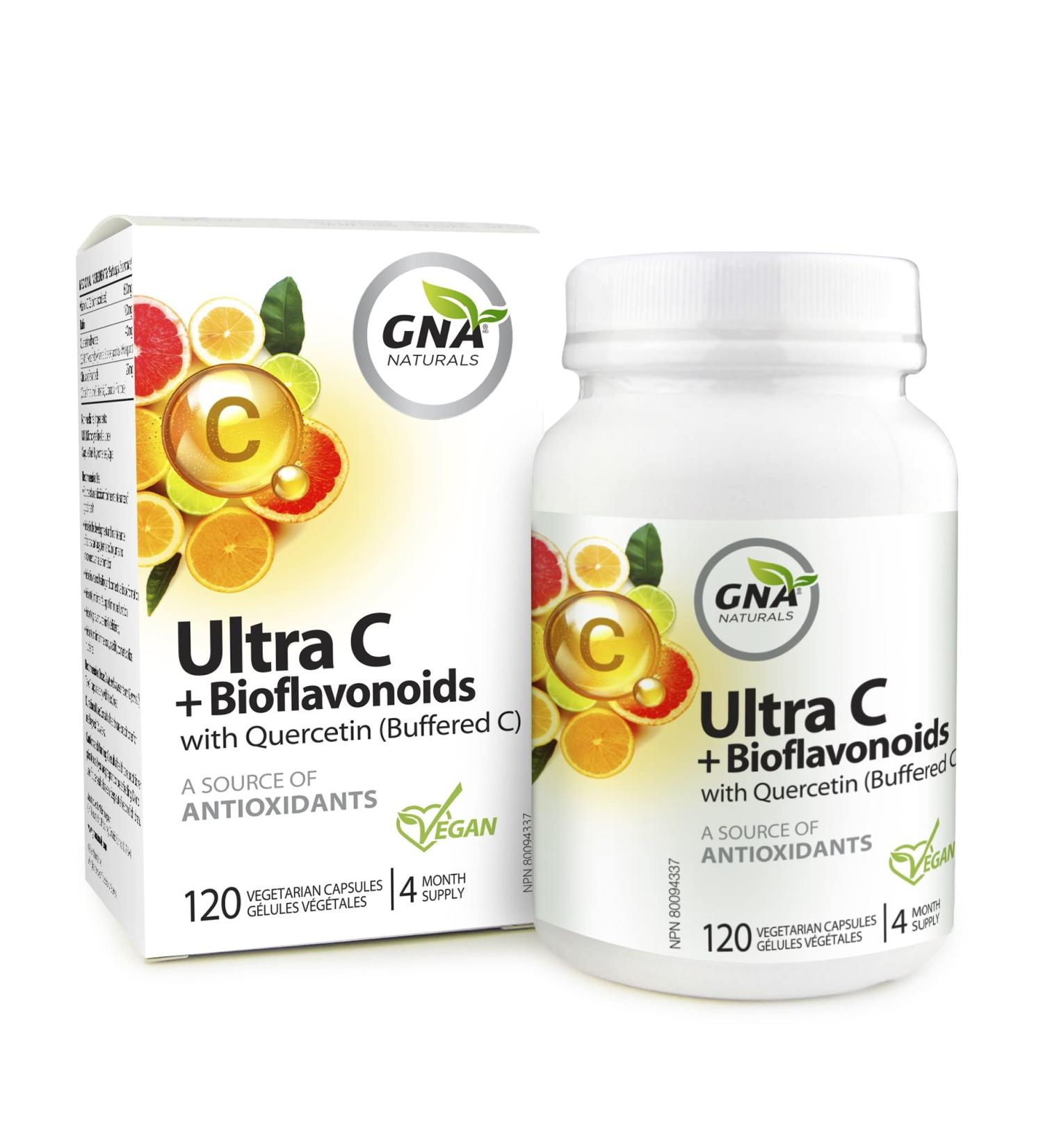 GNA Naturals Ultra Vitamin C 600mg + Bioflavonoids with Quercetin Dihydrate - Vitamin C Ascorbate Acid 120 V-Caps 4 Month Supply - Promotes Healthy Bones Gums & Teeth - Vitamin C Complex Supplement - Buy Online on GoSupps.com