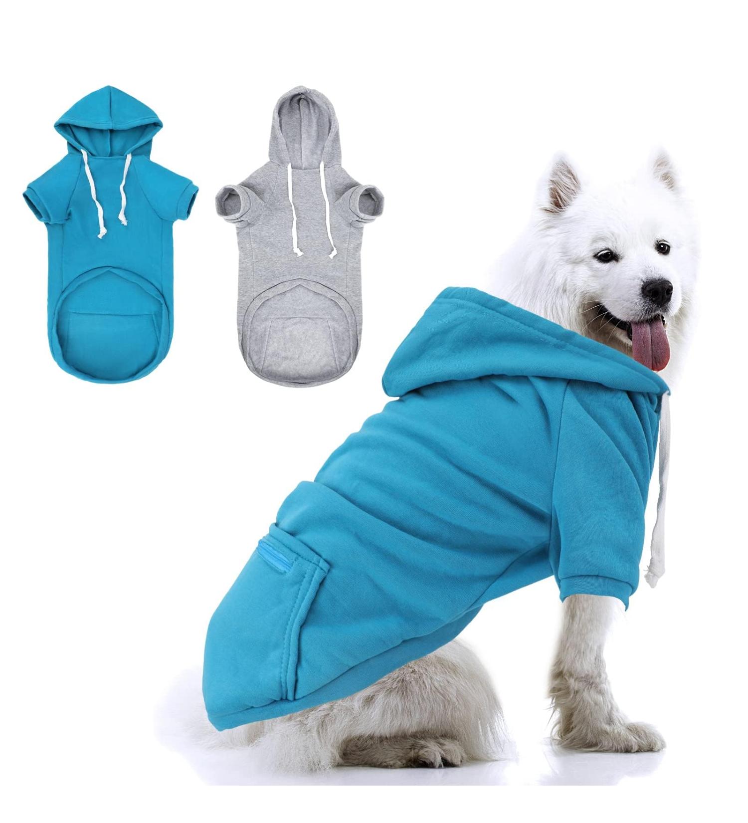 RANYPET Dog Hoodies 2XL - Blue & Grey - Soft Cotton Warm Pet Sweater with Zipper Pocket for Large and Medium Dogs - Autumn & Winter Fashion - Buy Online on GoSupps.com