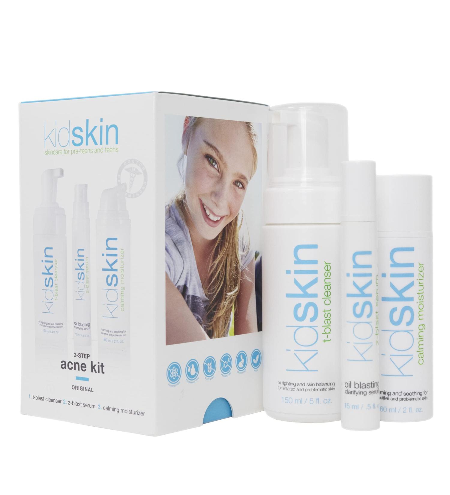 Kidskin Three-Step Acne Treatment Kit for Kids, Tweens, Teens - Face Wash, Serum, Moisturizer - Breakout Prevention for Boys & Girls - Made in USA - Buy Online on GoSupps.com