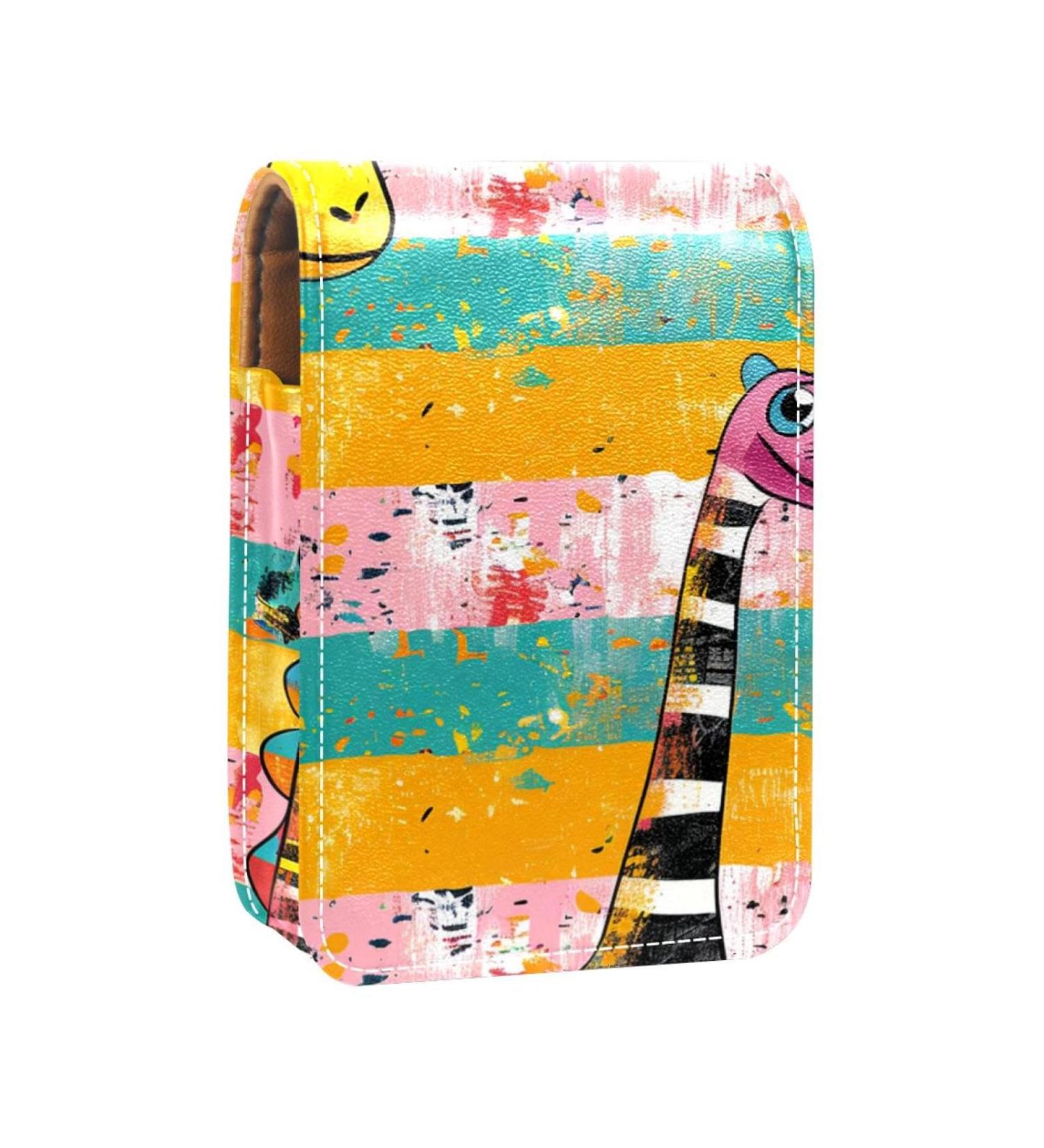 Travel Lipstick Organizer Case - Portable Makeup Bag with Mirror | Cartoon Dinosaur Rainbow Stripe Design - Buy Online on GoSupps.com