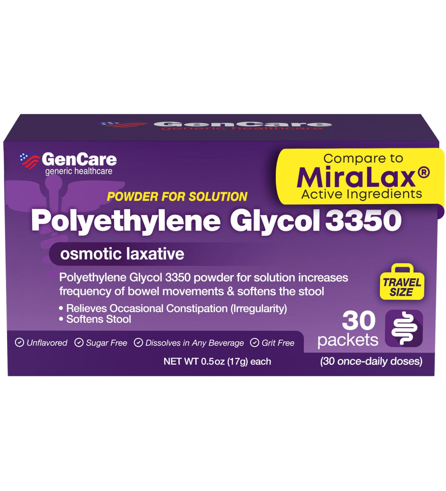 GenCare Polylethylene Glycol 3350 Powder for Solution 30 Travel Packets Unflavored Grit-Free Clear PEG 3350 for Occasional Constipation Relief for Women & Men Generic MiraLAX Laxative Powder 30 Count (Pack of 1) - Buy Online on GoSupps.com